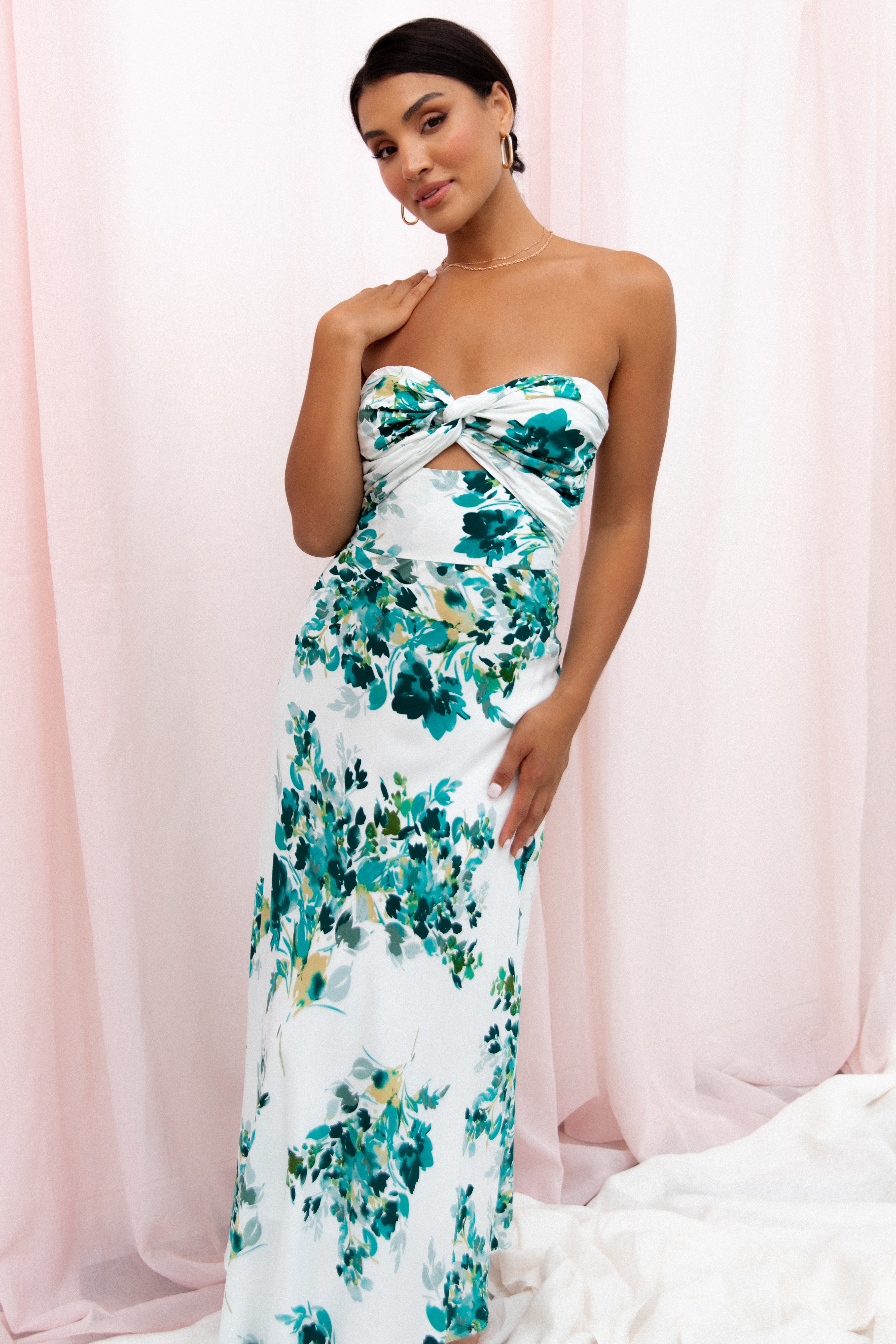 Teagan Strapless Midi Dress - Green Floral-Aur Fashion