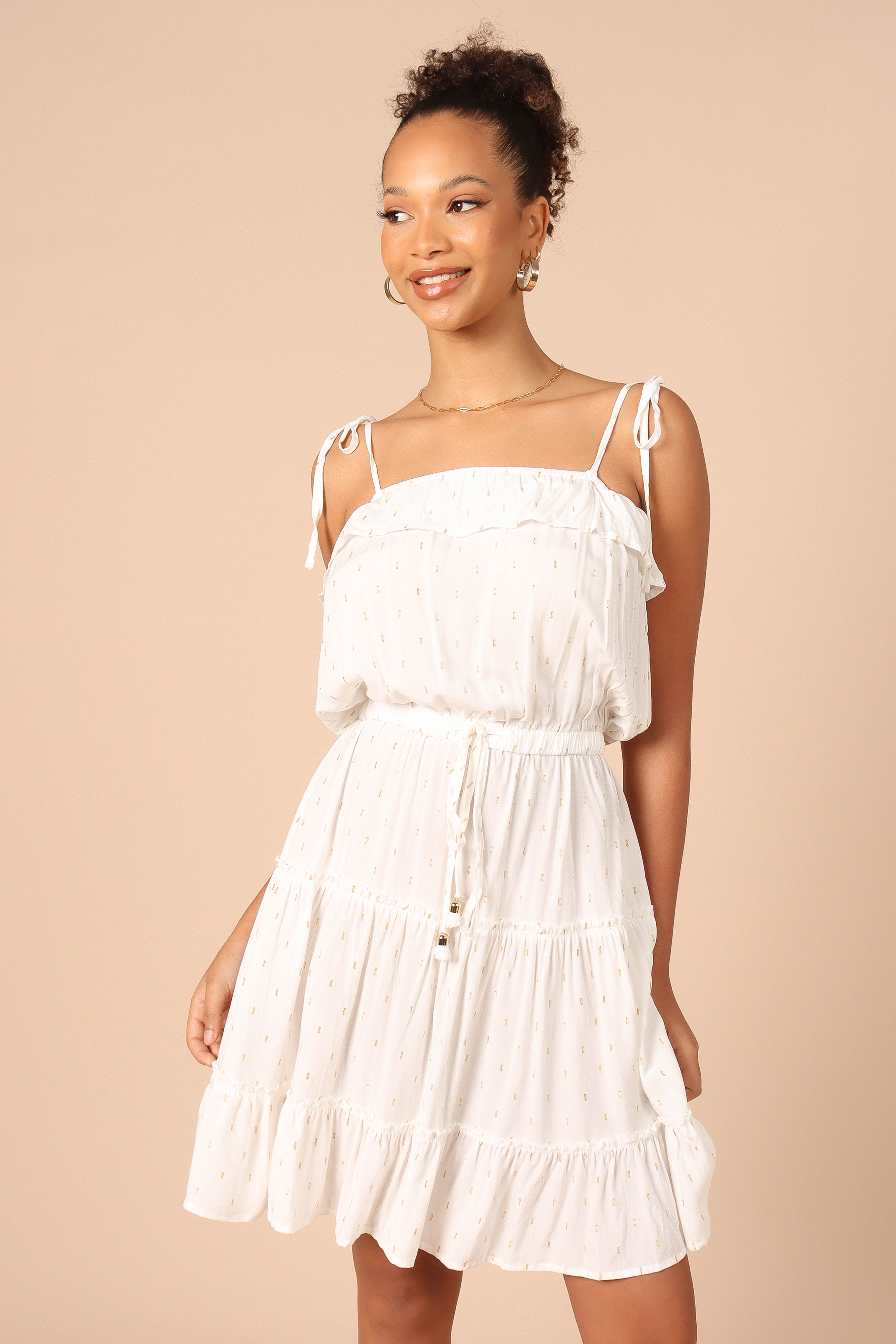 Twist Tie Shoulder Mini Dress - White-Aur Fashion