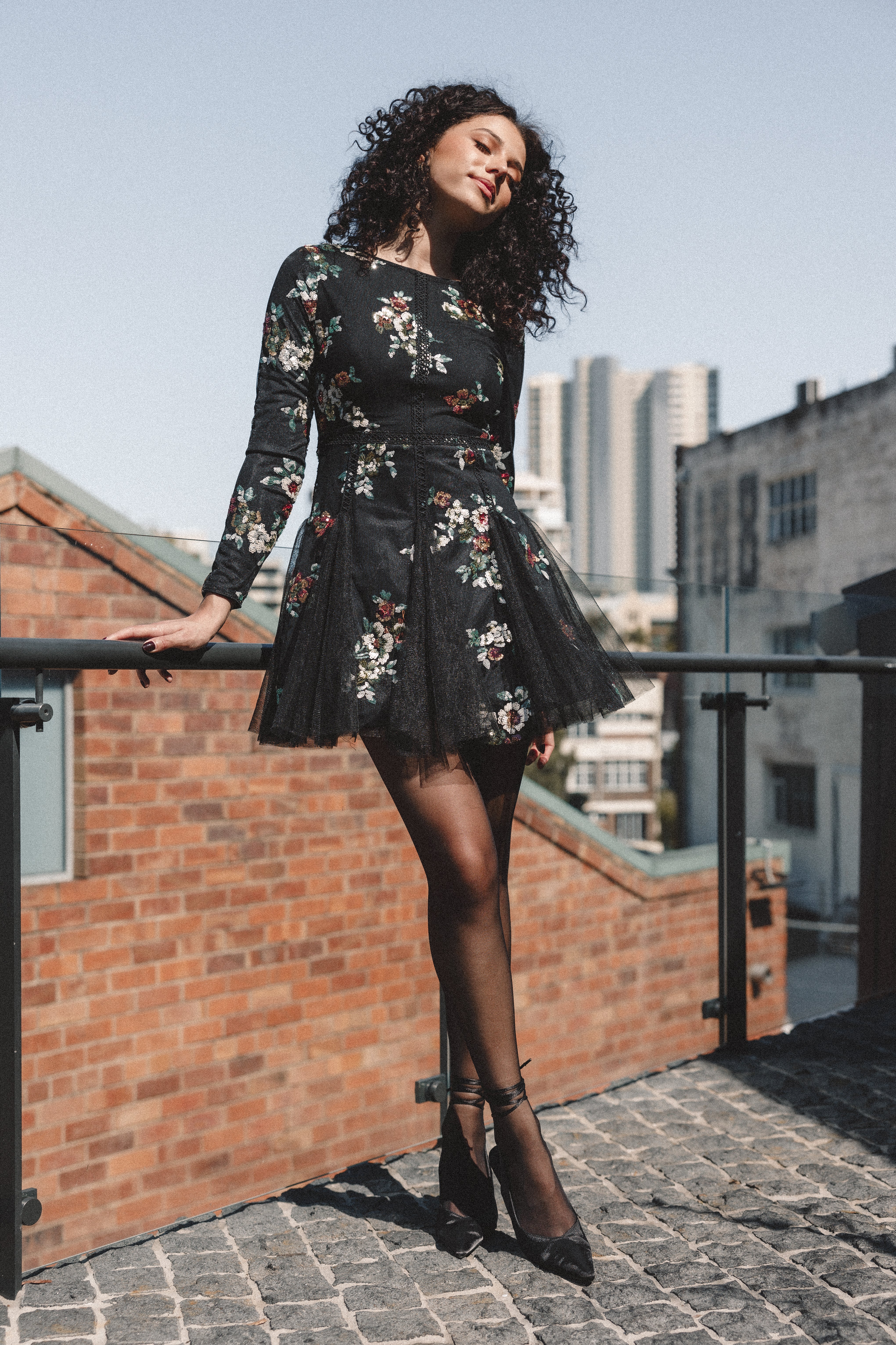 Woodsen Long Sleeve Mini Dress - Black Floral-Aur Fashion