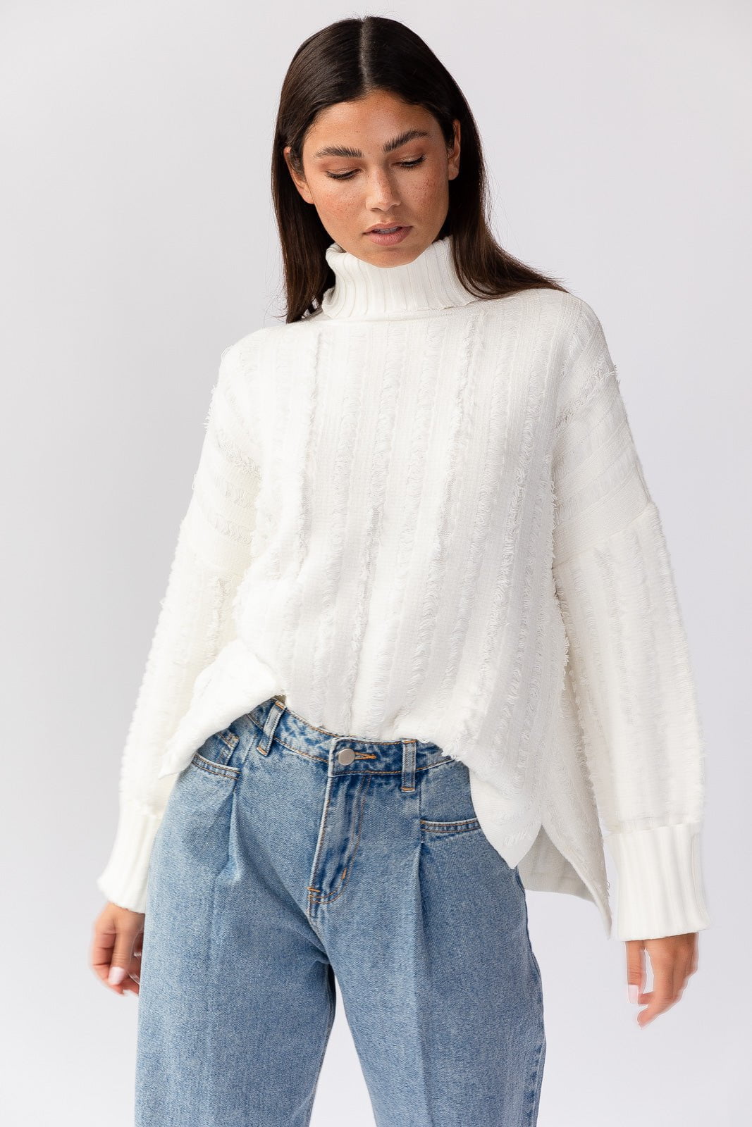Dana Turtleneck Fringe Knit Sweater - White-Aur Fashion