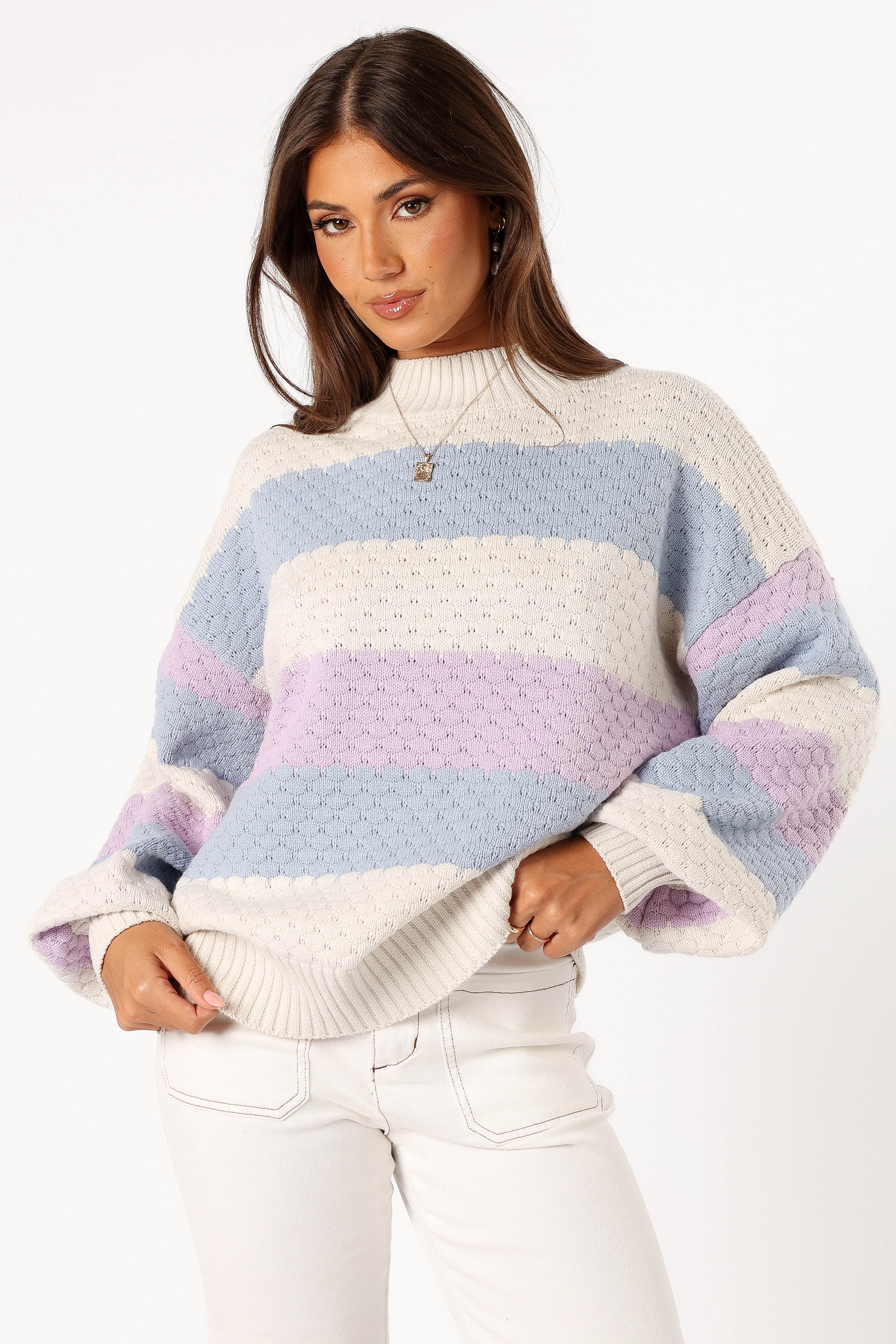 Dani Multi Stripe Knit Sweater - White Light Blue-Aur Fashion