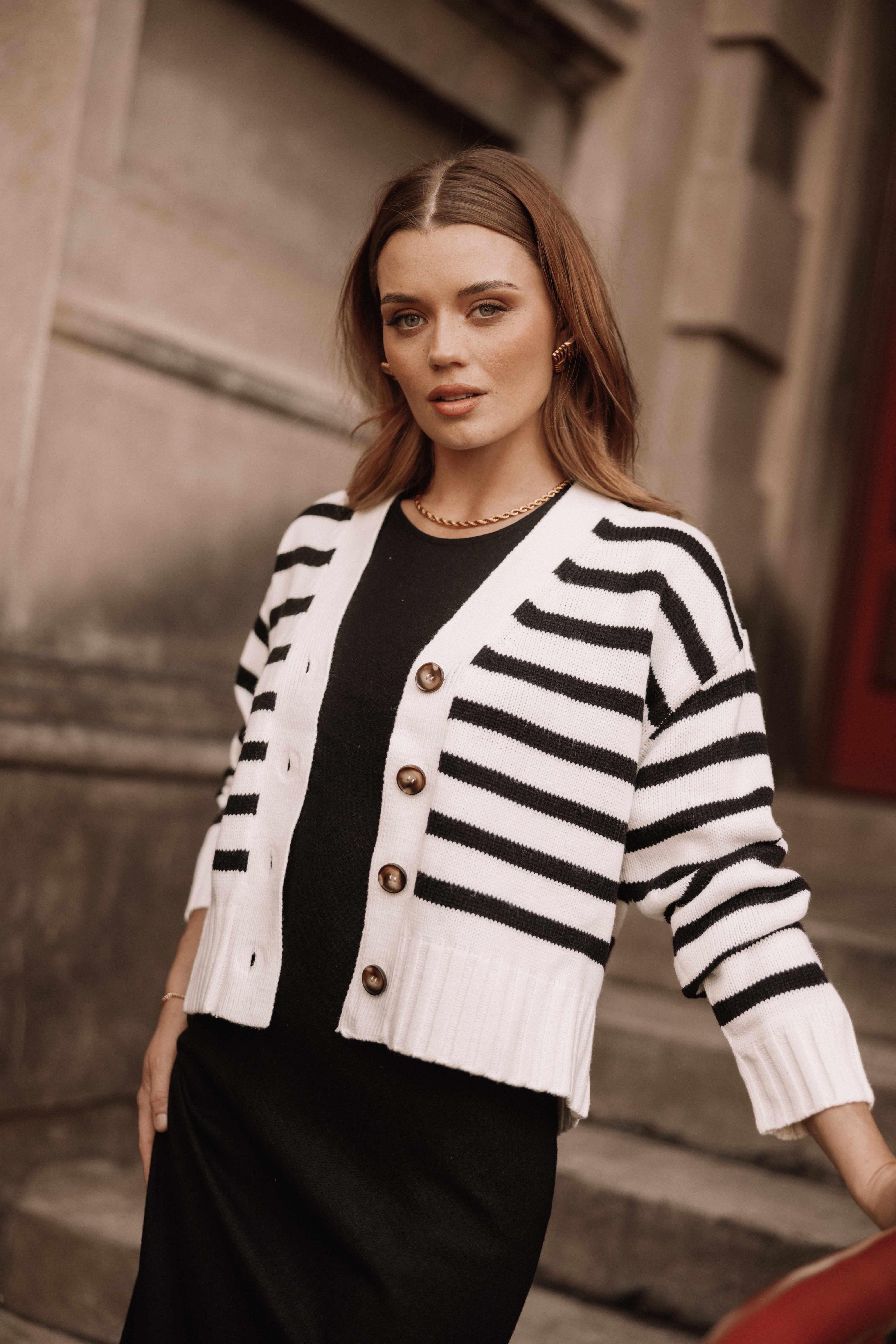 Kallen Button Front Striped Cardigan - Cream/Black-Aur Fashion