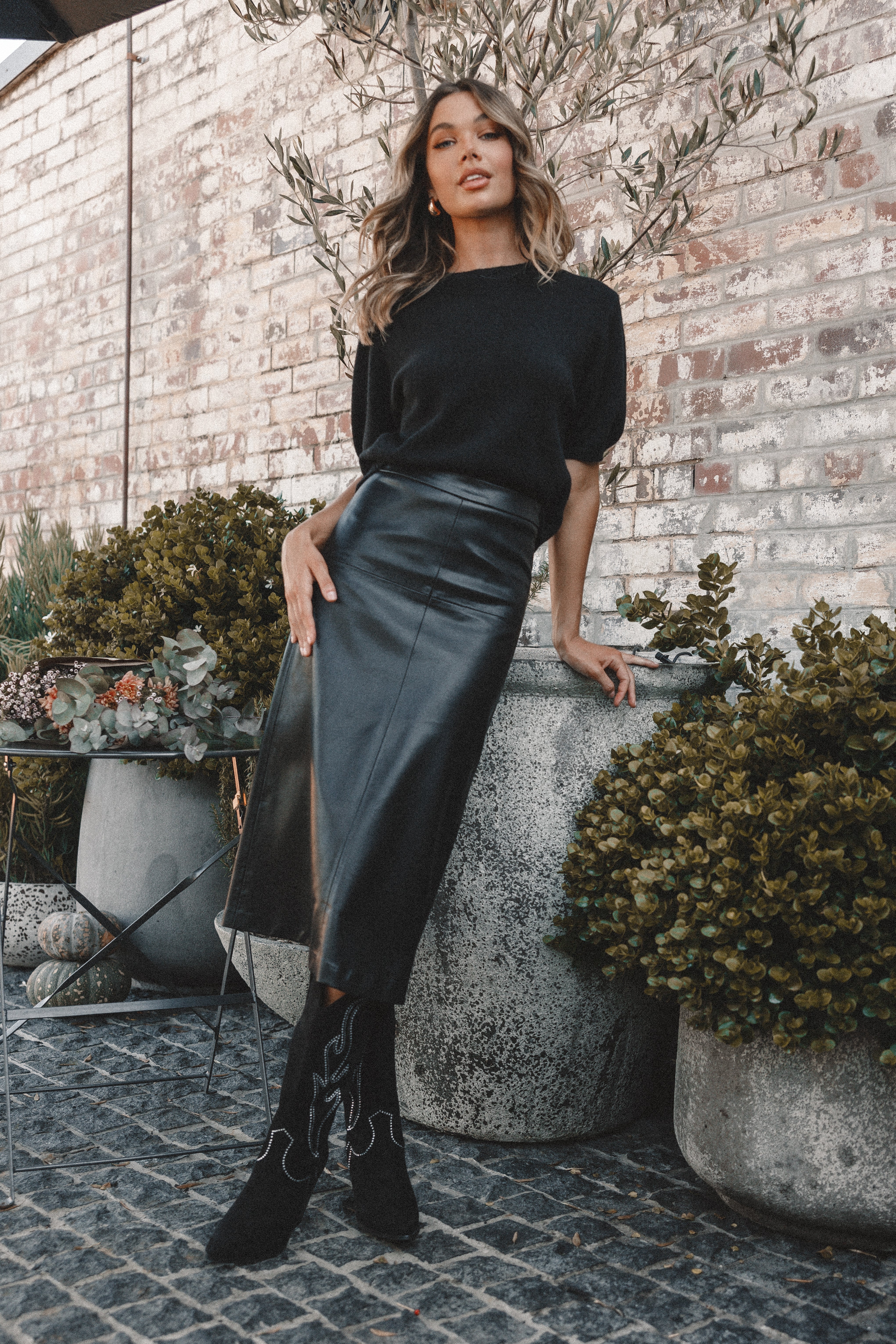 Miller Faux Leather Midi Skirt - Black-Aur Fashion