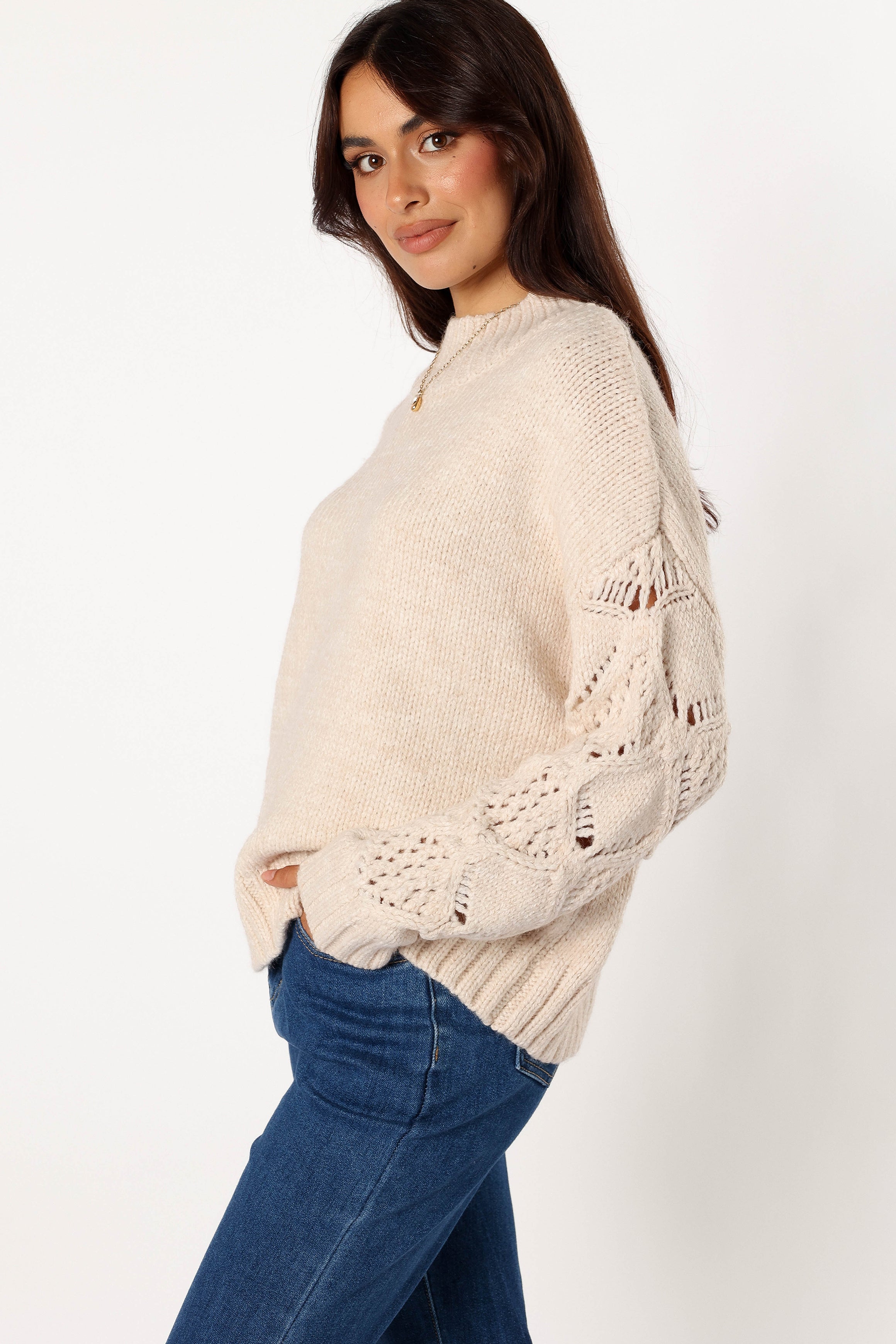 Rebekah Crochet Sleeve Knit Sweater - Cream-Aur Fashion