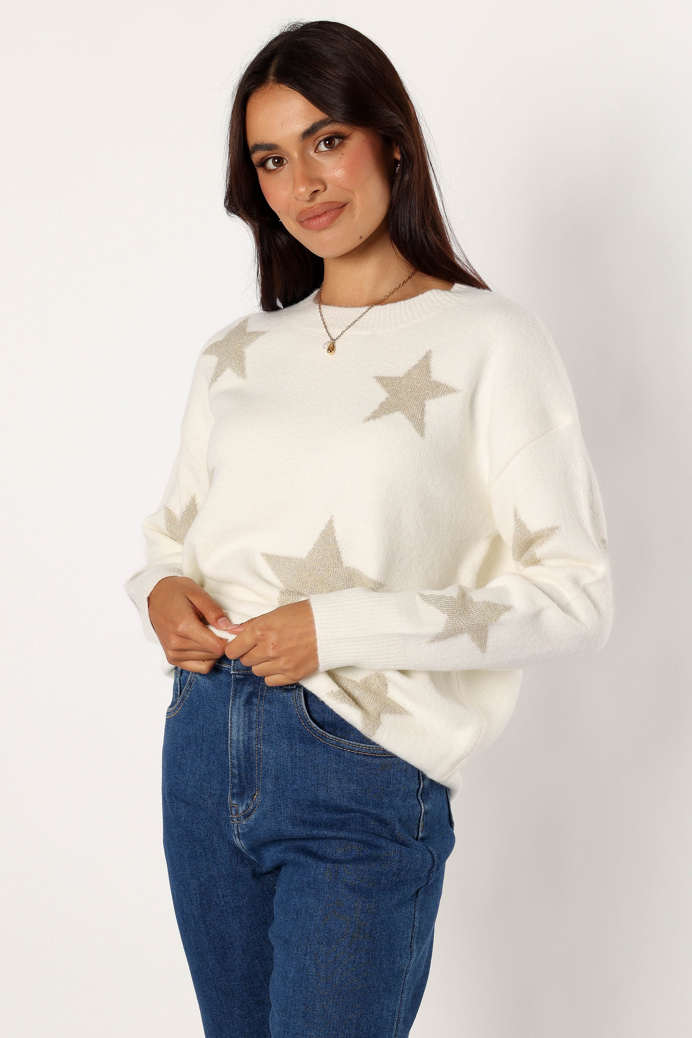 Rosalina Crewneck Shimmer Star Knit Sweater - Cream-Aur Fashion