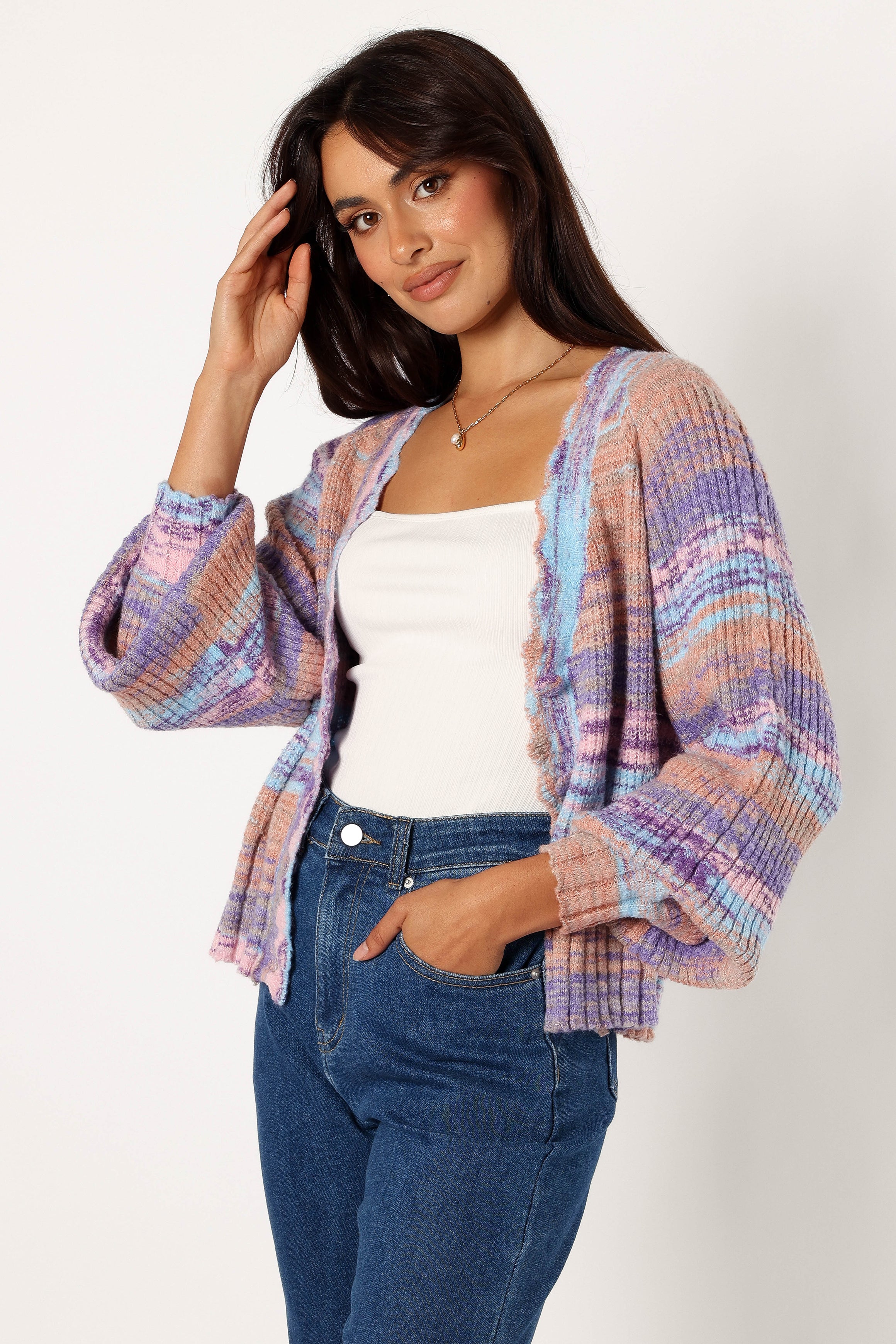 Scallop Edge Button Front Cardigan - Lavender Multi-Aur Fashion