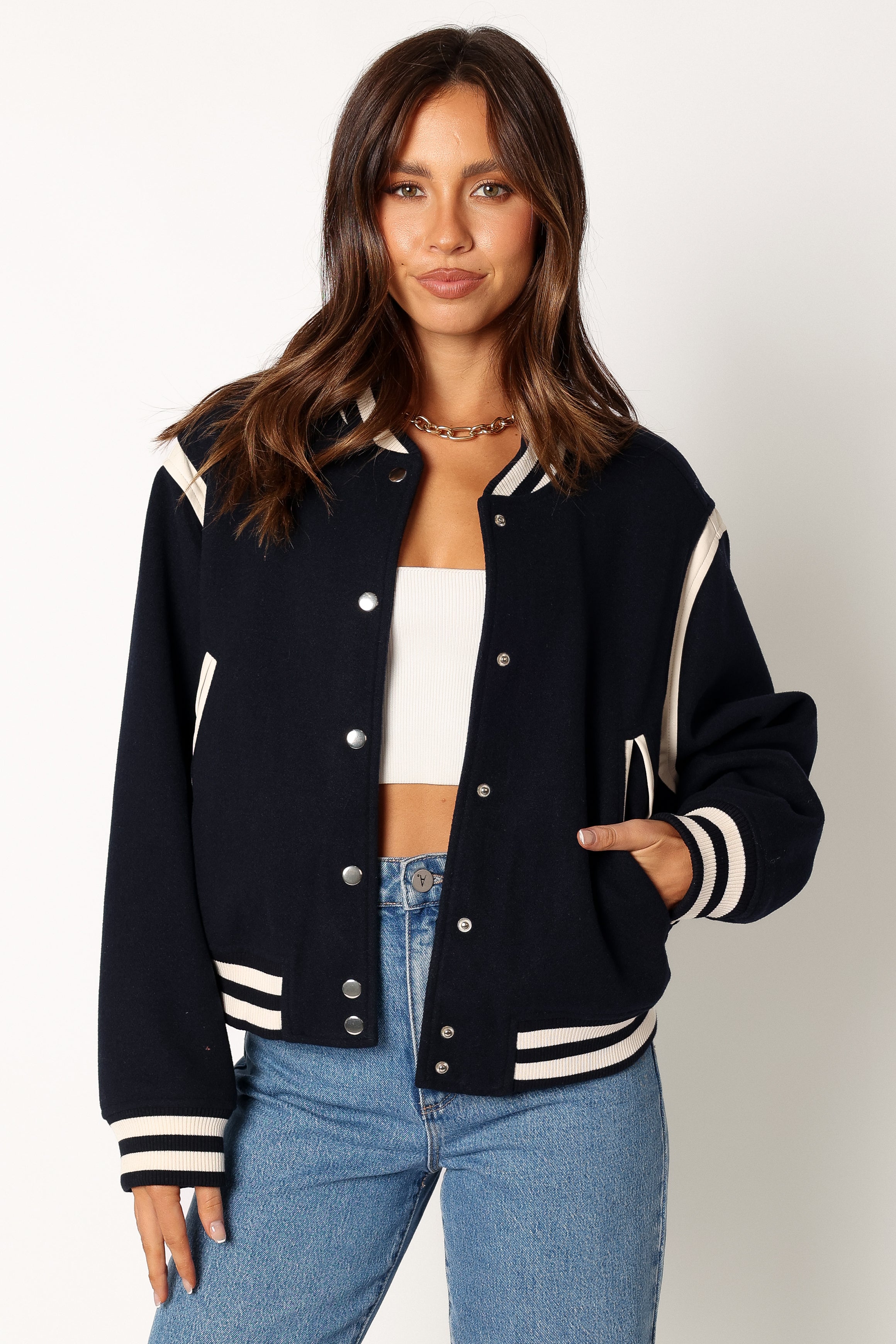 Fallon Collegiate Bomber Jacket - Dark Indigo-Aur Fashion