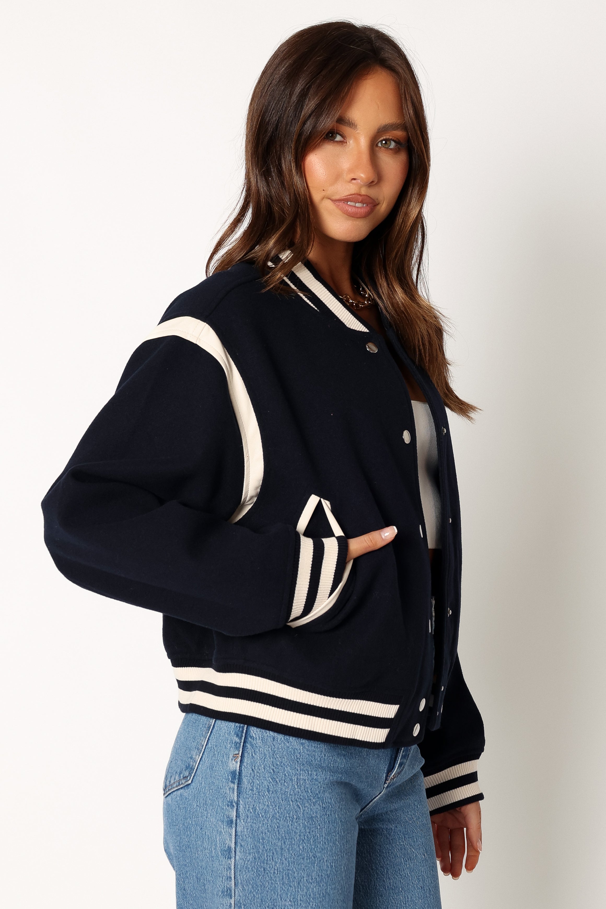 Fallon Collegiate Bomber Jacket - Dark Indigo-Aur Fashion