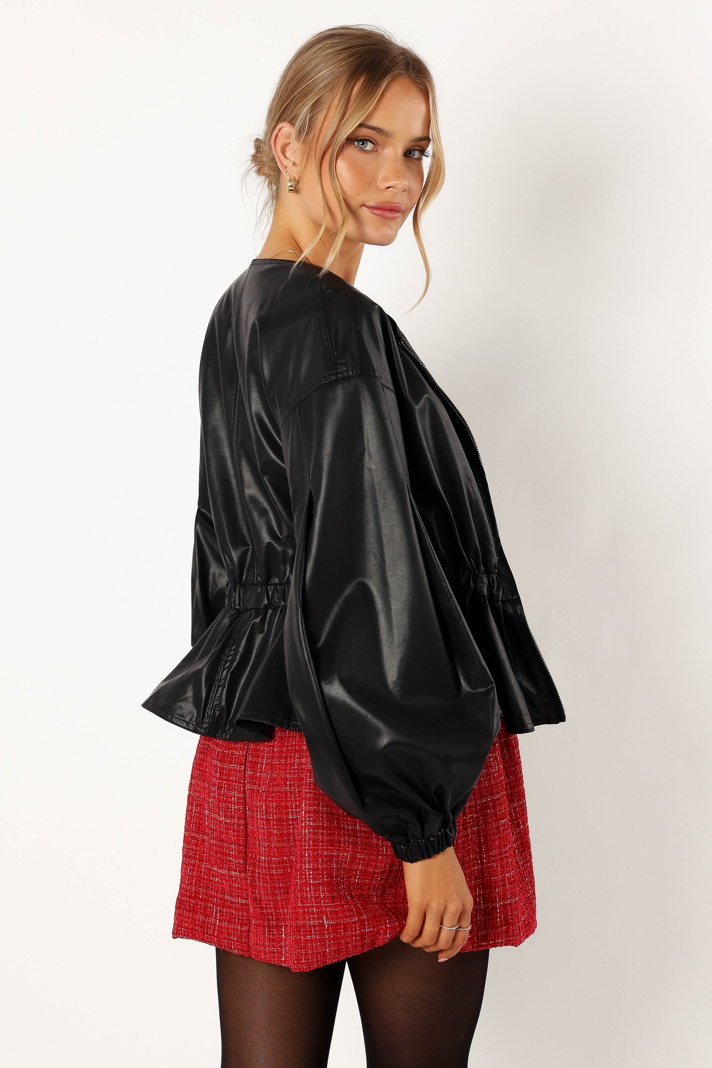Ivanna Faux Leather Puff Sleeve Jacket - Black-Aur Fashion