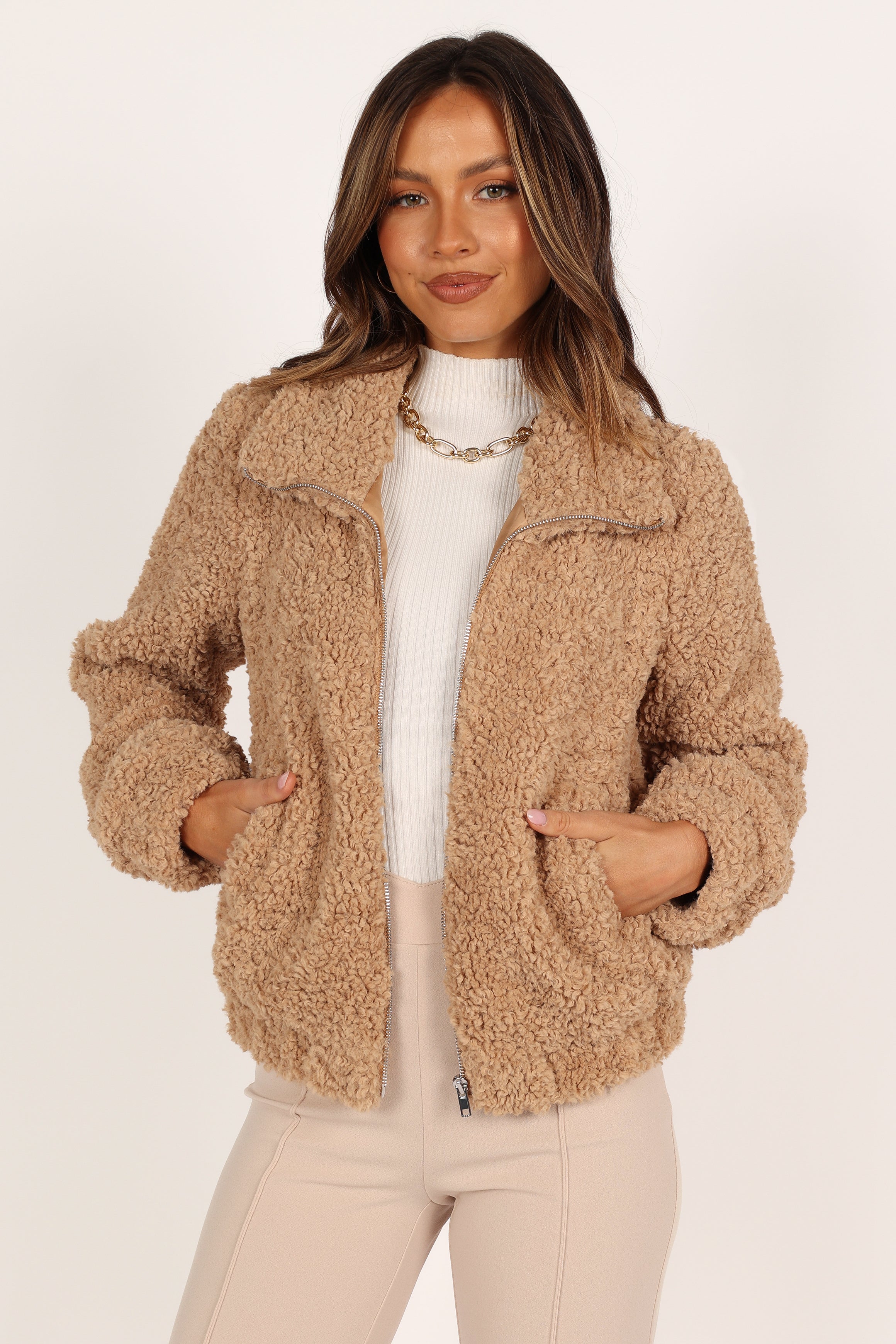 Lucia Zip Front Teddy Jacket - Camel-Aur Fashion