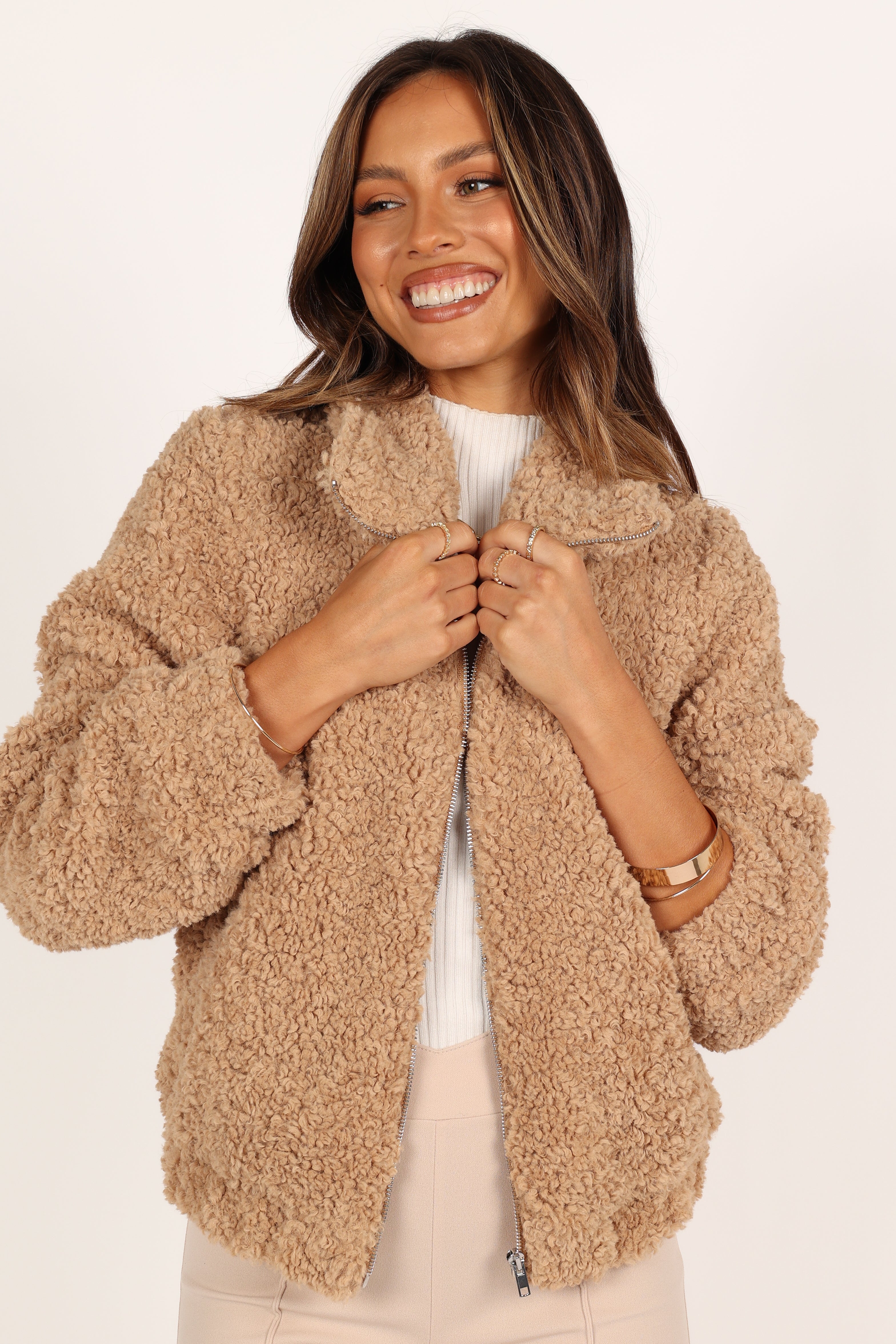 Lucia Zip Front Teddy Jacket - Camel-Aur Fashion