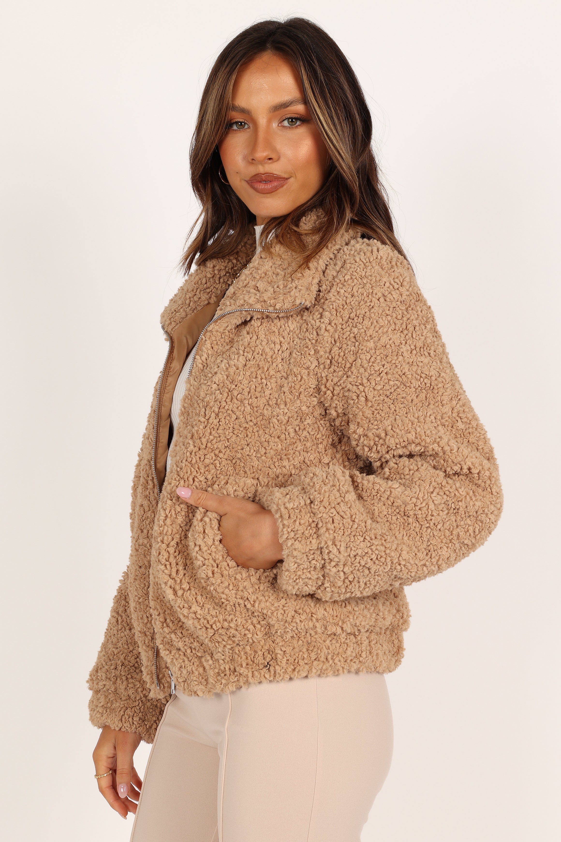 Lucia Zip Front Teddy Jacket - Camel-Aur Fashion