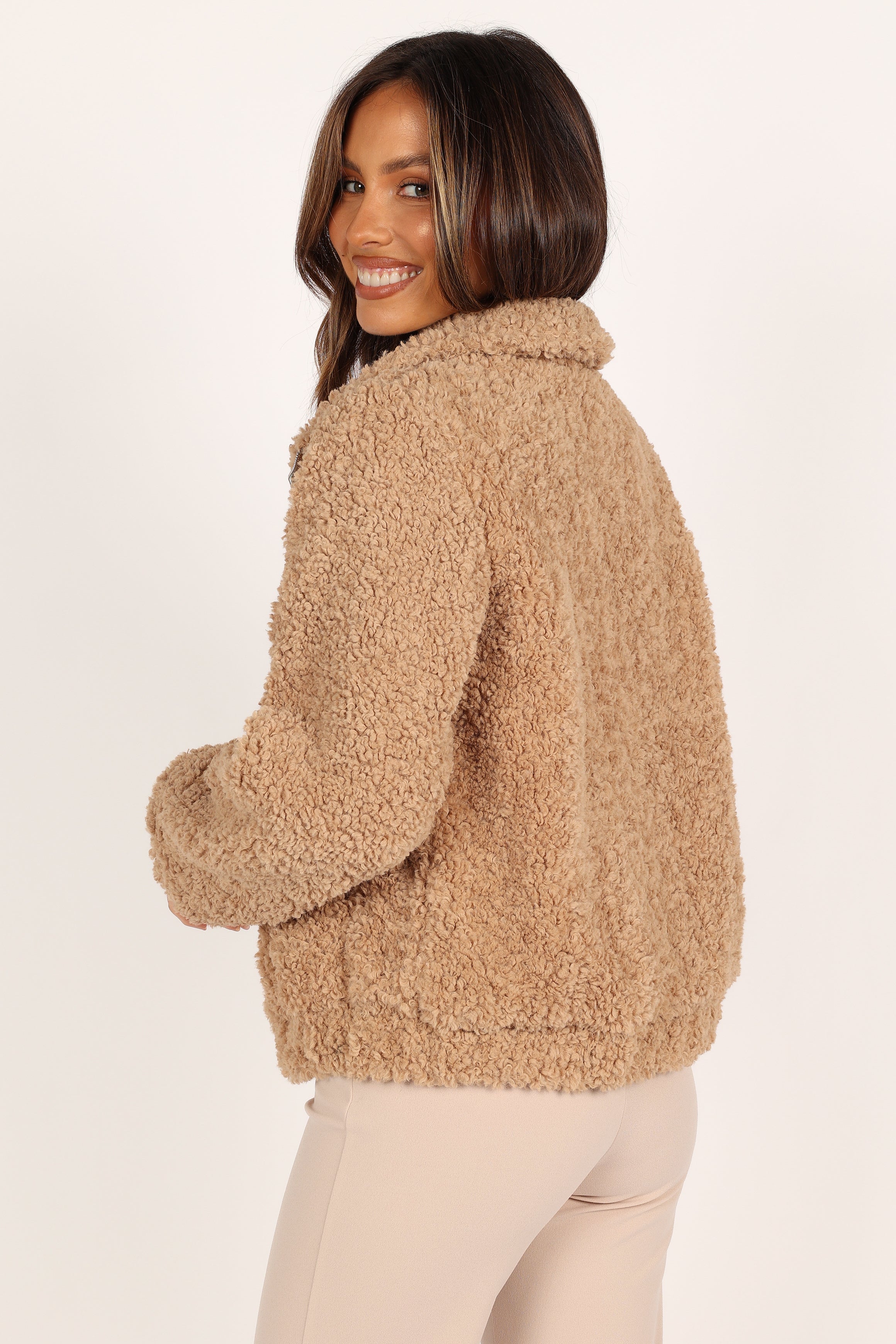 Lucia Zip Front Teddy Jacket - Camel-Aur Fashion