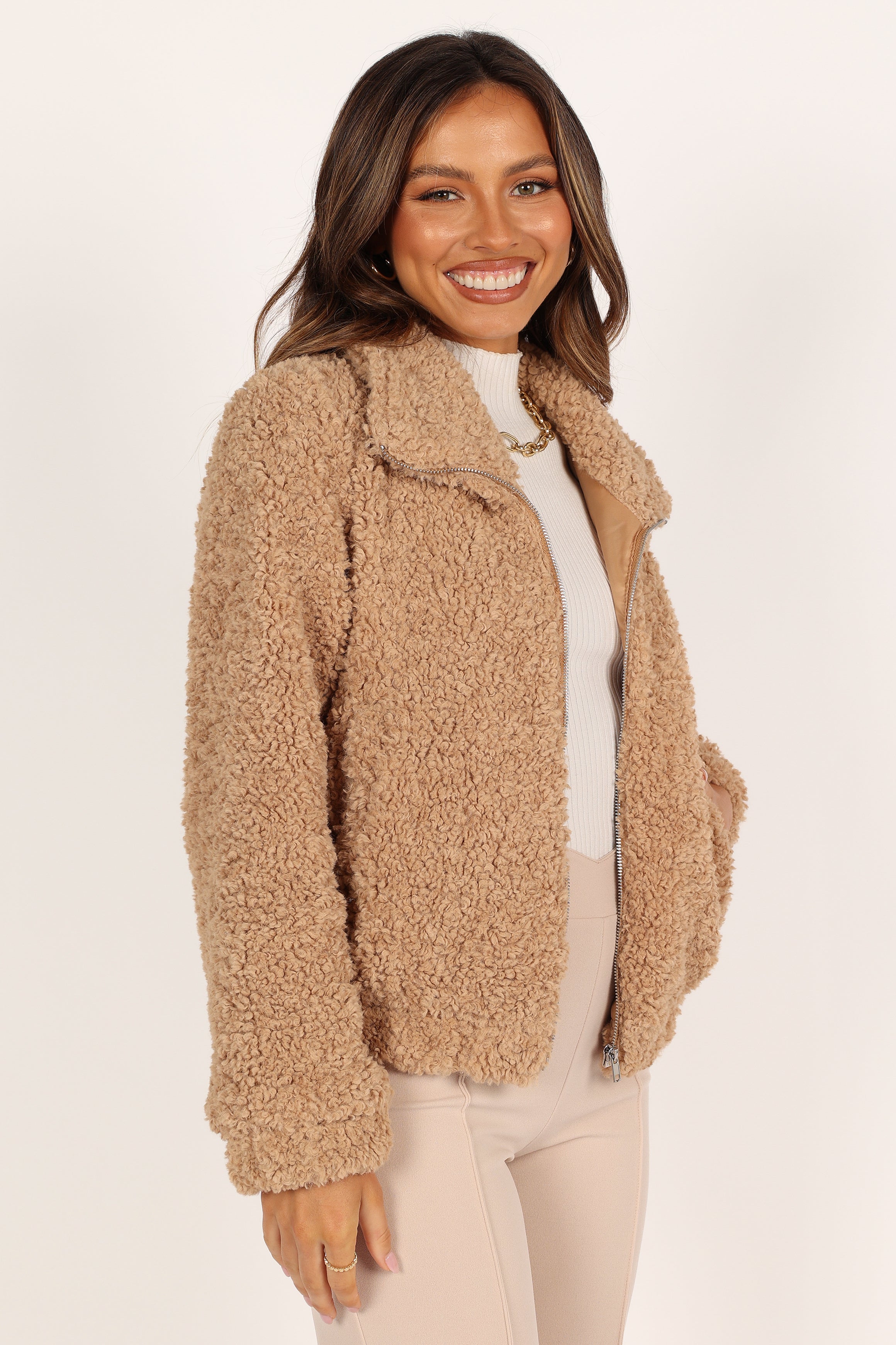 Lucia Zip Front Teddy Jacket - Camel-Aur Fashion