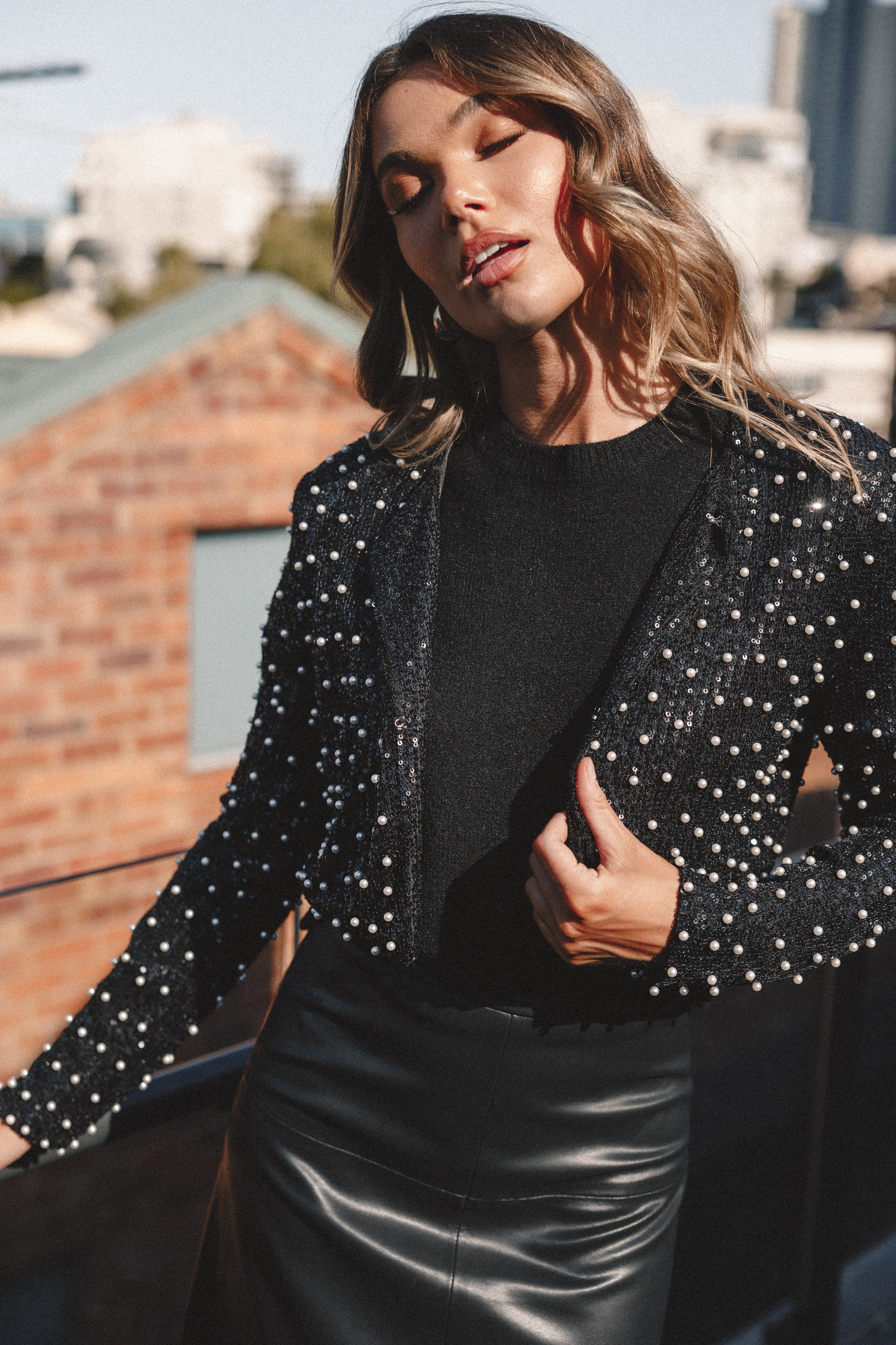Monica All Over Pearl Crop Jacket - Black-Aur Fashion