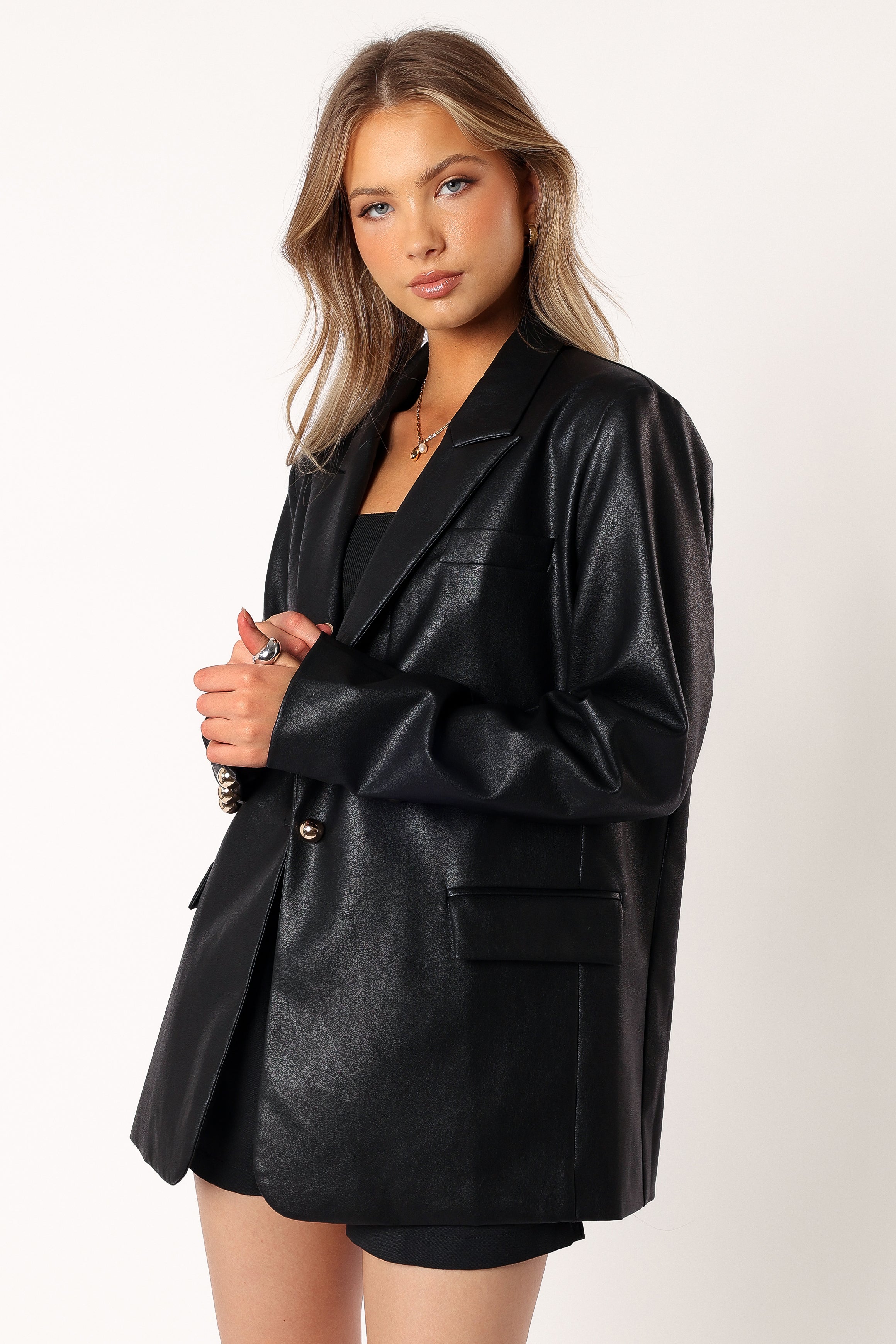 Octavia Faux Leather Blazer - Black-Aur Fashion