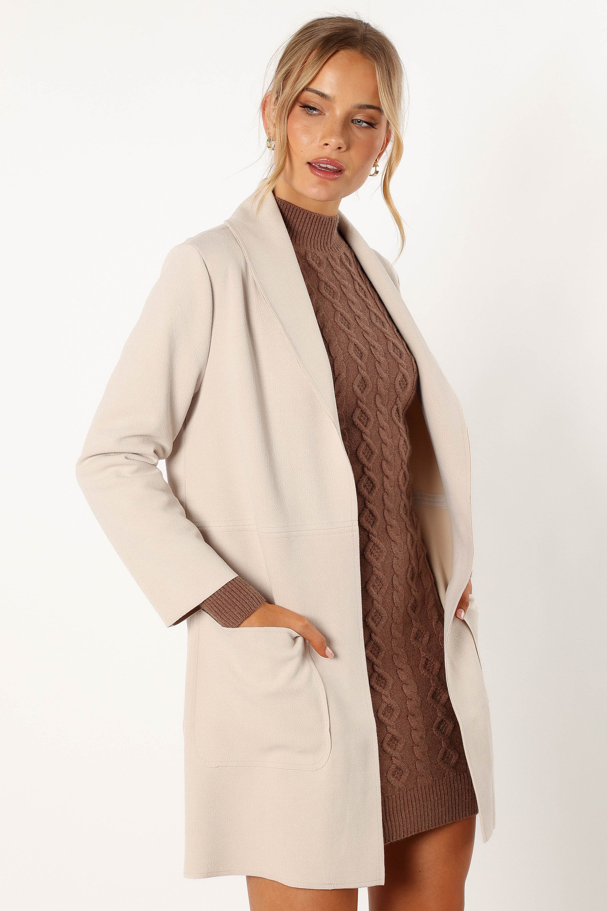 Veda Faux Suede Long Jacket - Bone-Aur Fashion