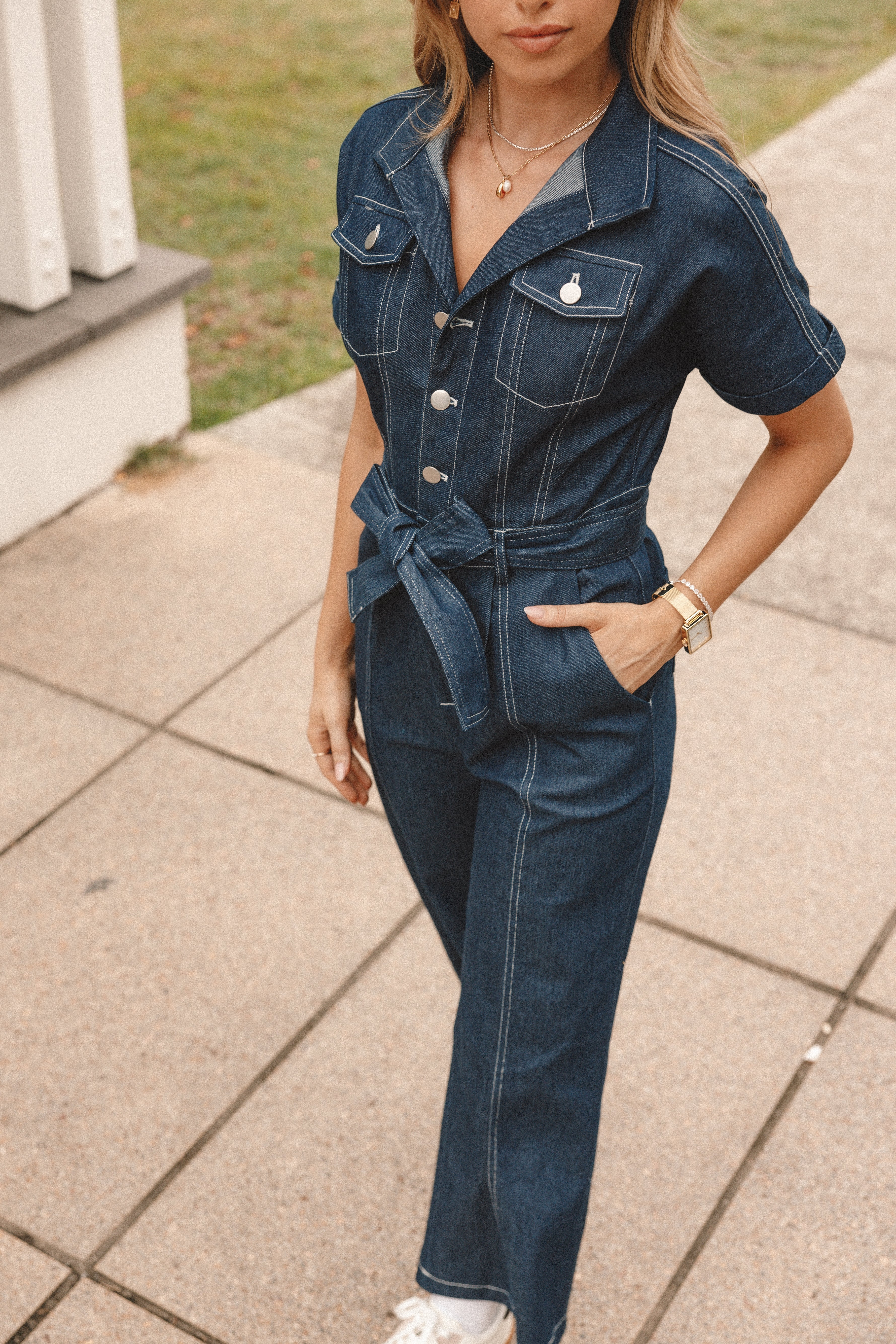 Demi Contrast Stitch Jumpsuit - Dark Denim-Aur Fashion
