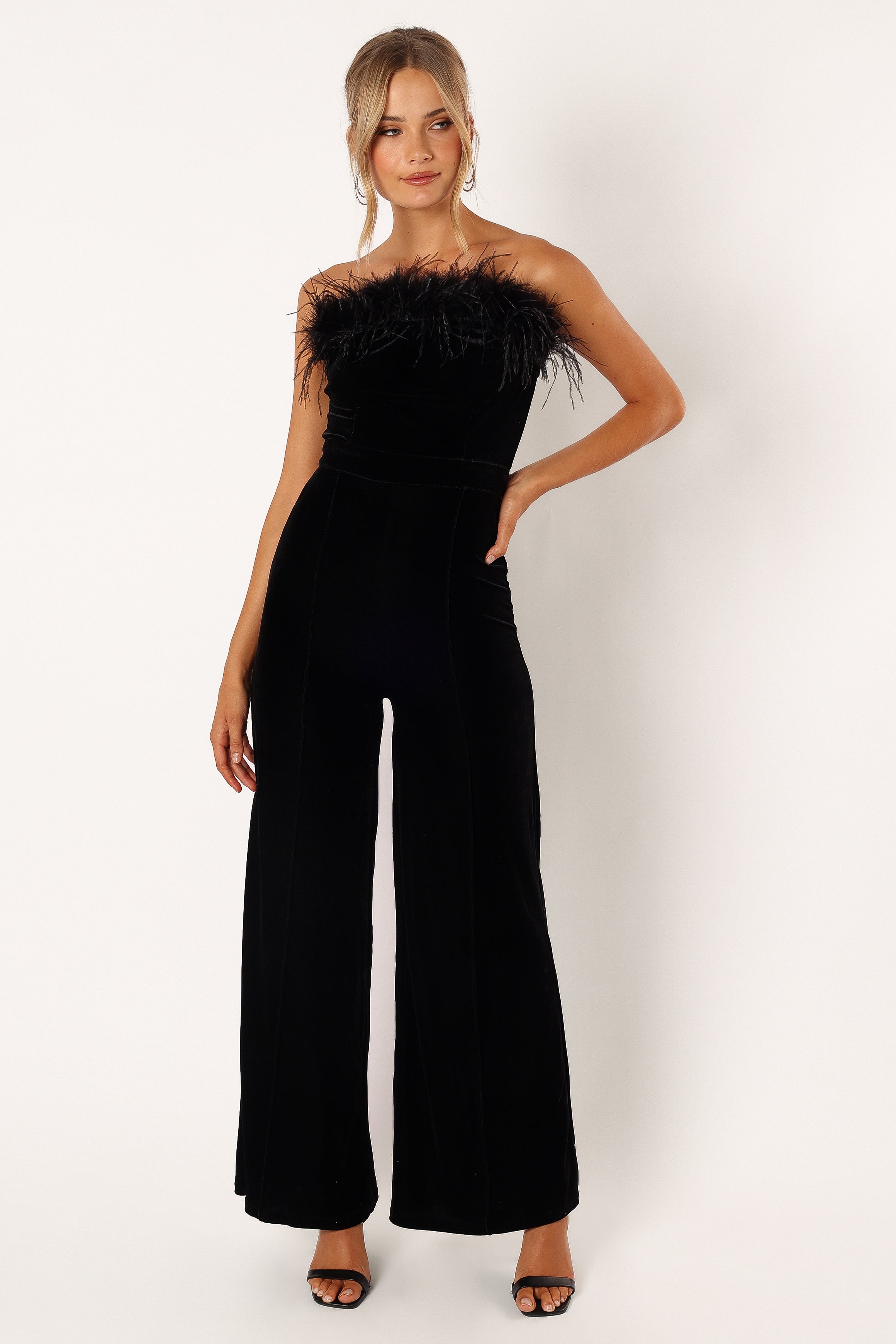 Donatella Feather Trim Jumpsuit - Black-Aur Fashion