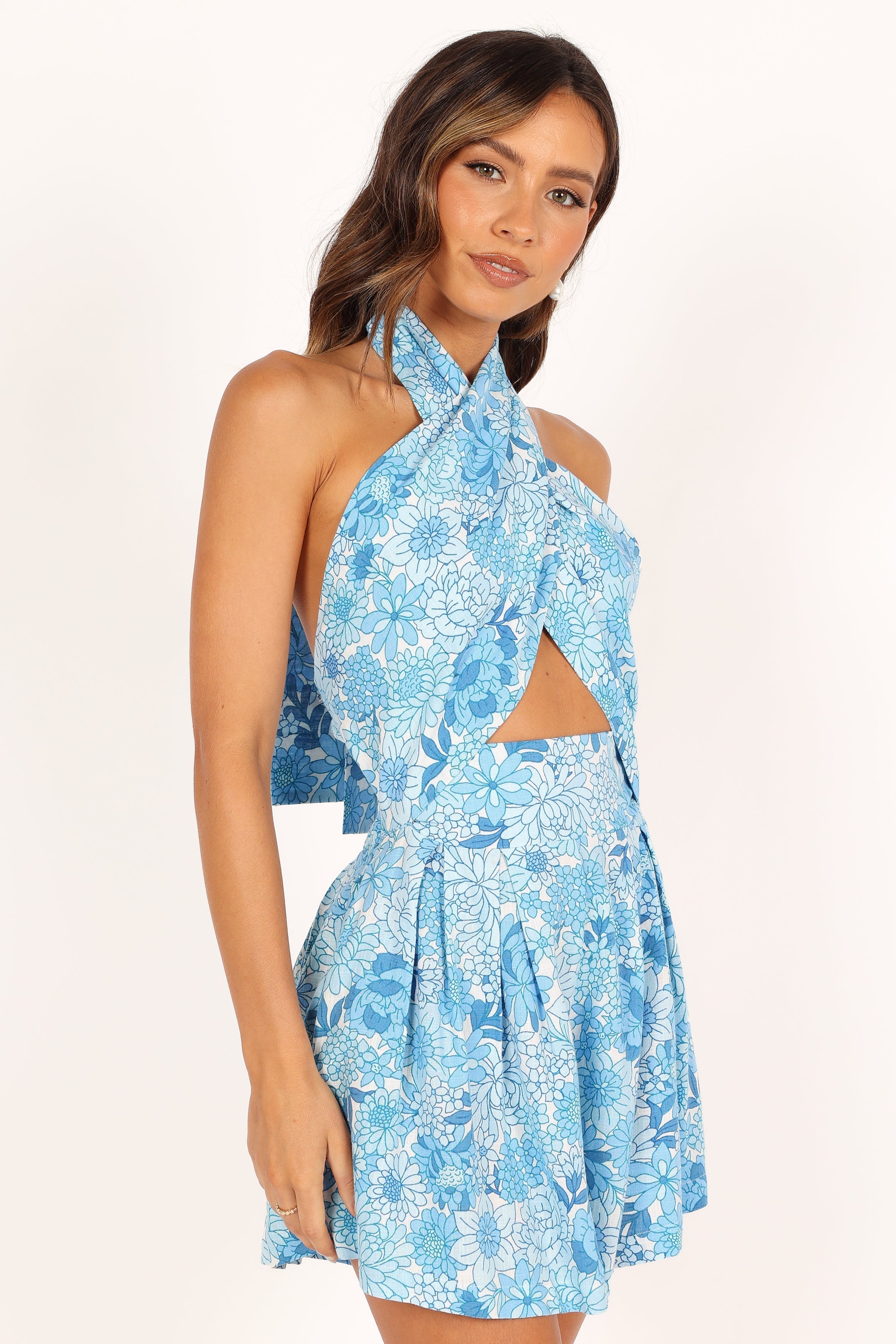LeLe Halter Romper - Blue Floral-Aur Fashion