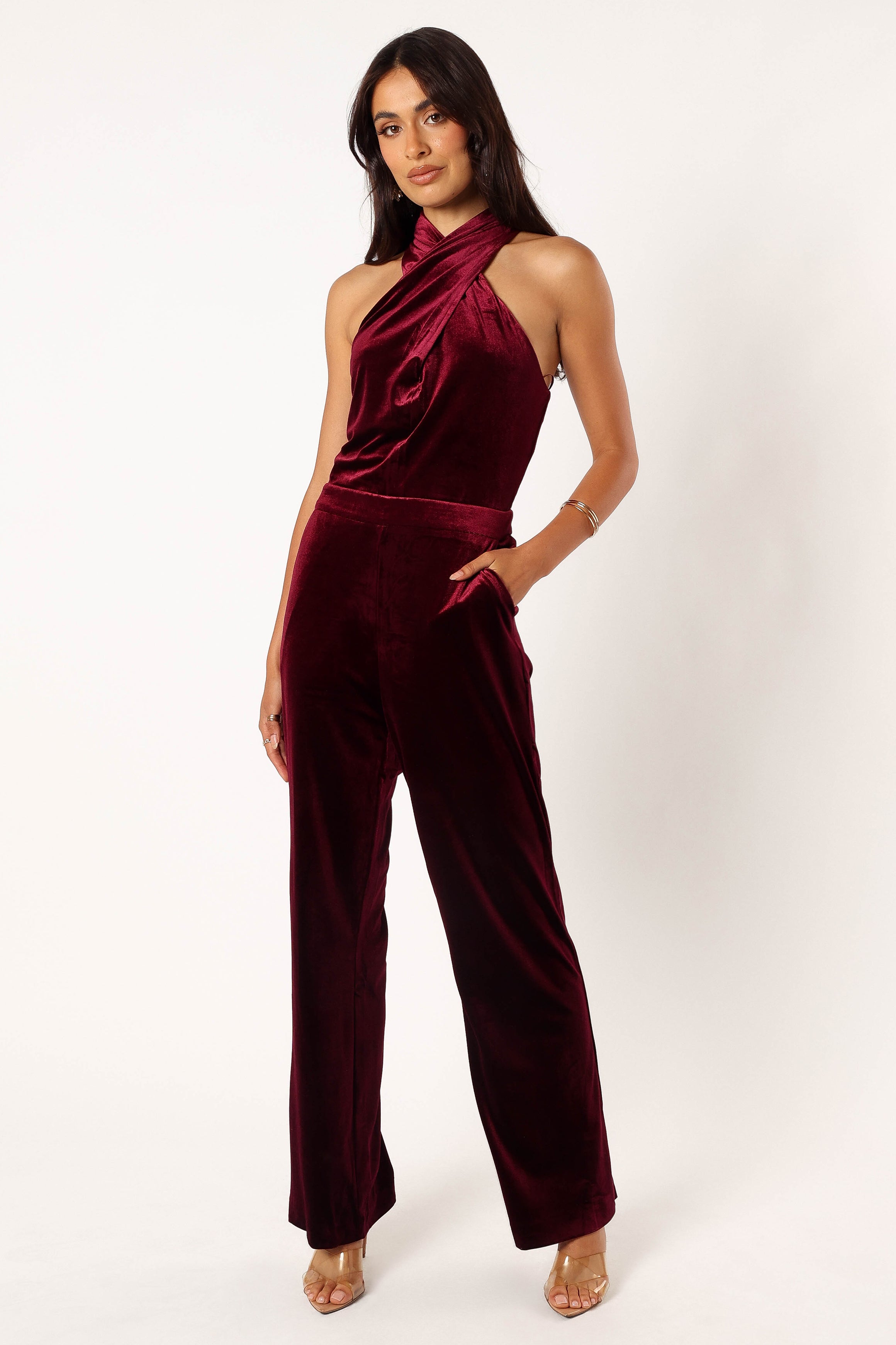 Liberty Velvet Jumpsuit - Burgundy-Aur Fashion