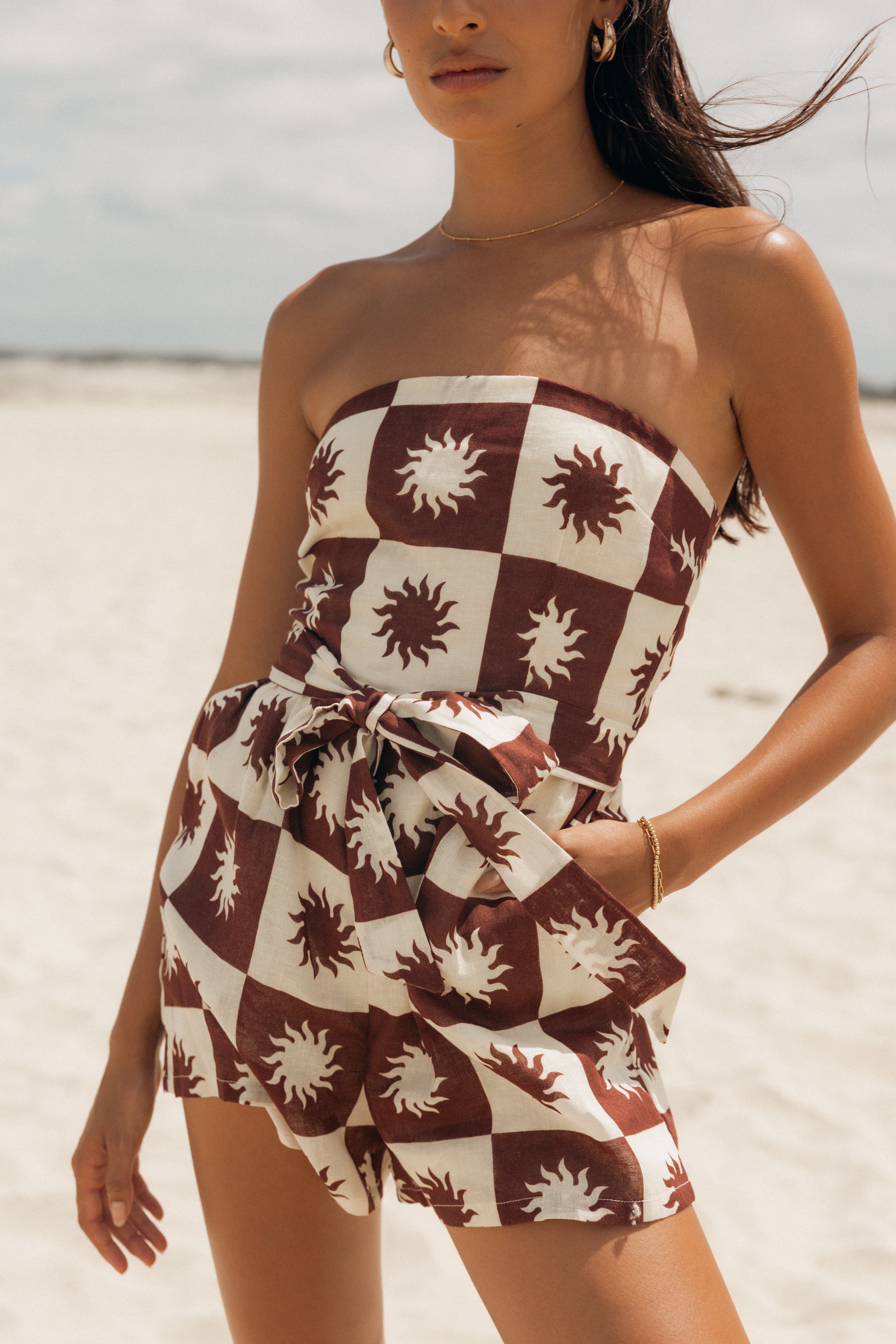 Sofie Strapless Romper - Brown Cream-Aur Fashion