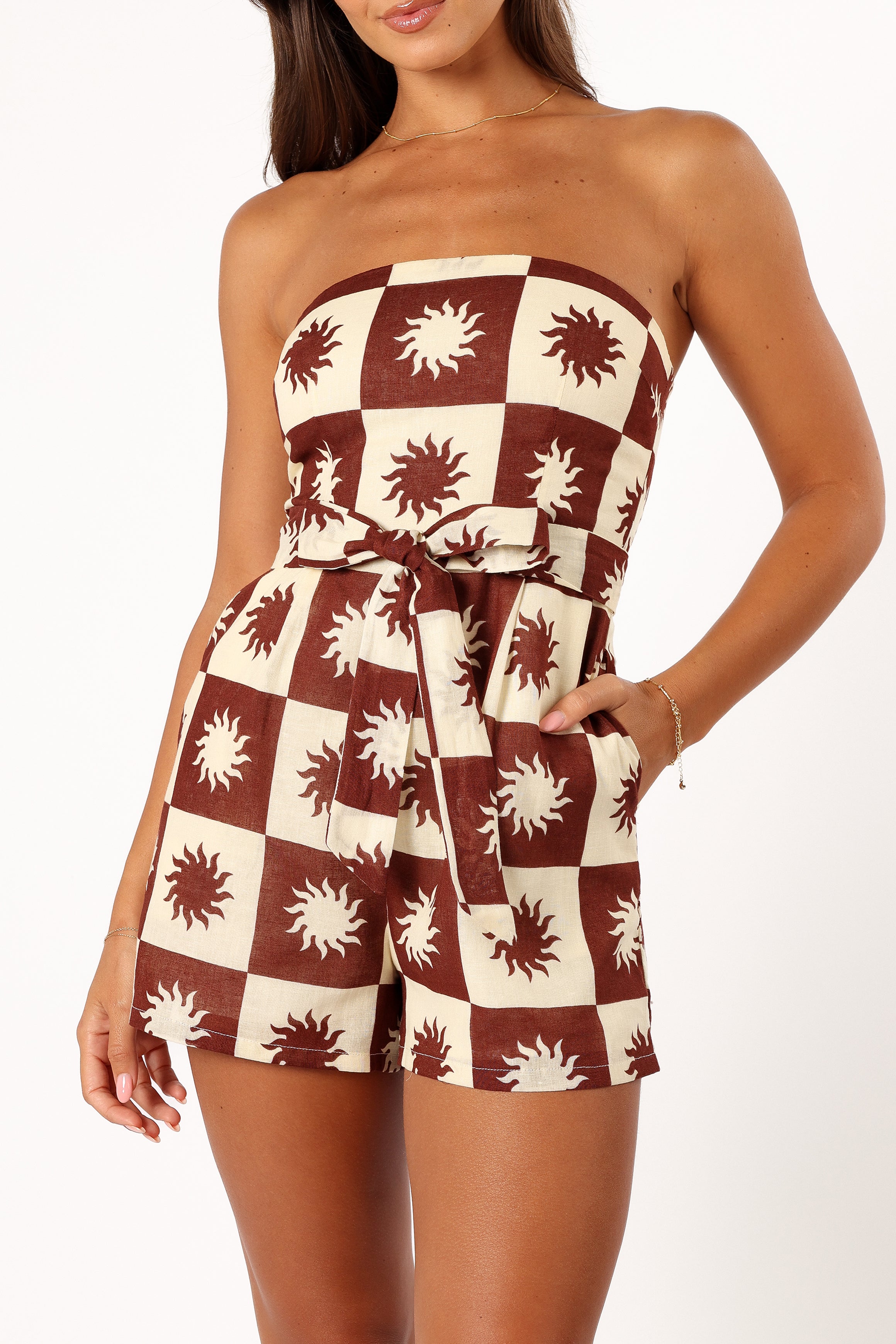 Sofie Strapless Romper - Brown Cream-Aur Fashion