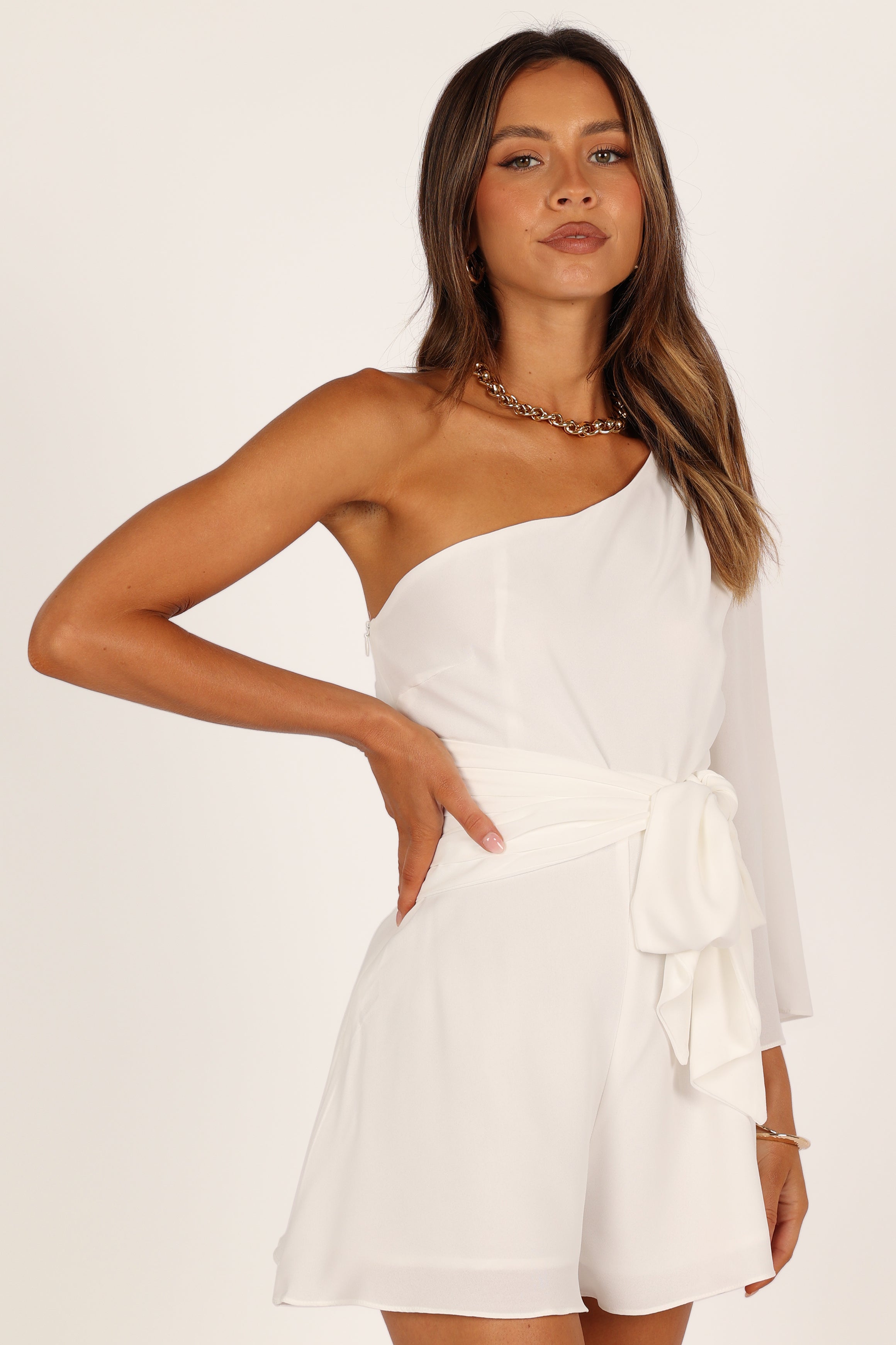 Tien One Sleeve Romper - White-Aur Fashion