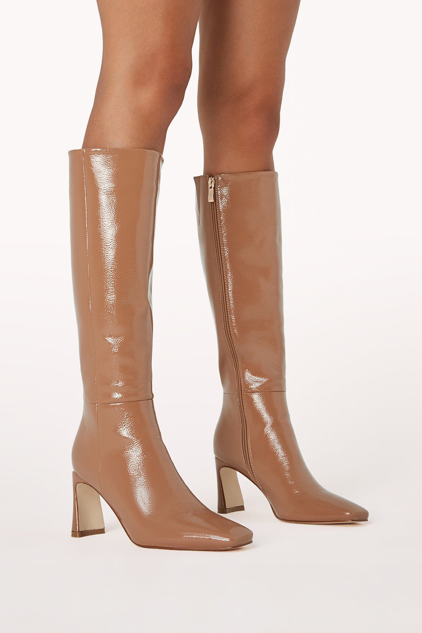 Yasmeen Knee High Boot - Toffee Crinkle Patent-Aur Fashion