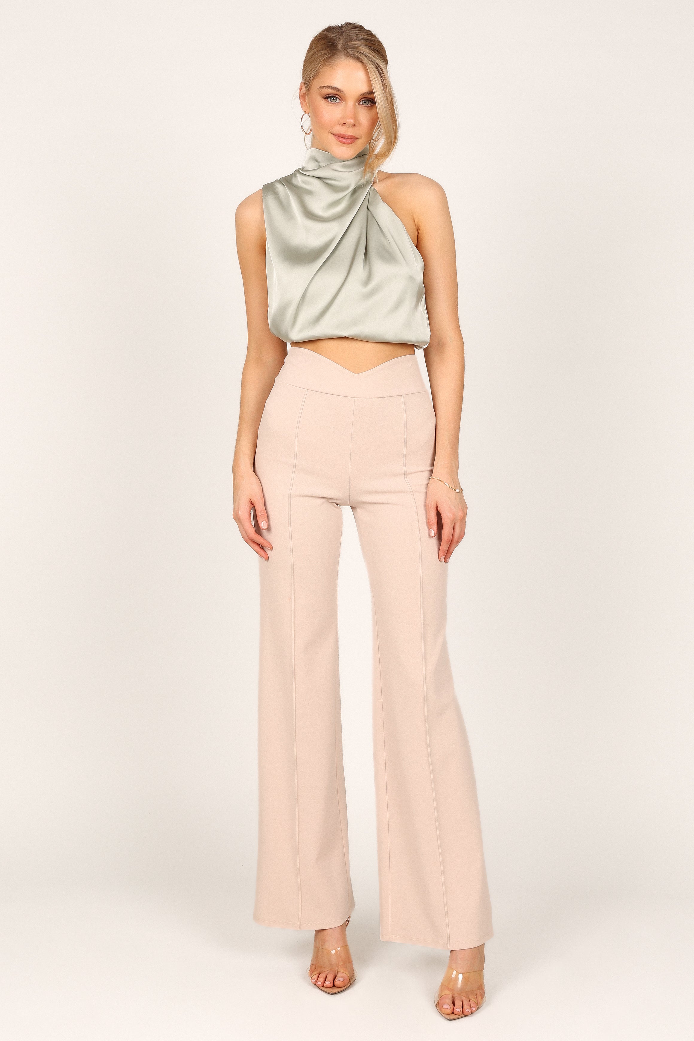 Arabella High Neck Drape Satin Top - Olive-Aur Fashion