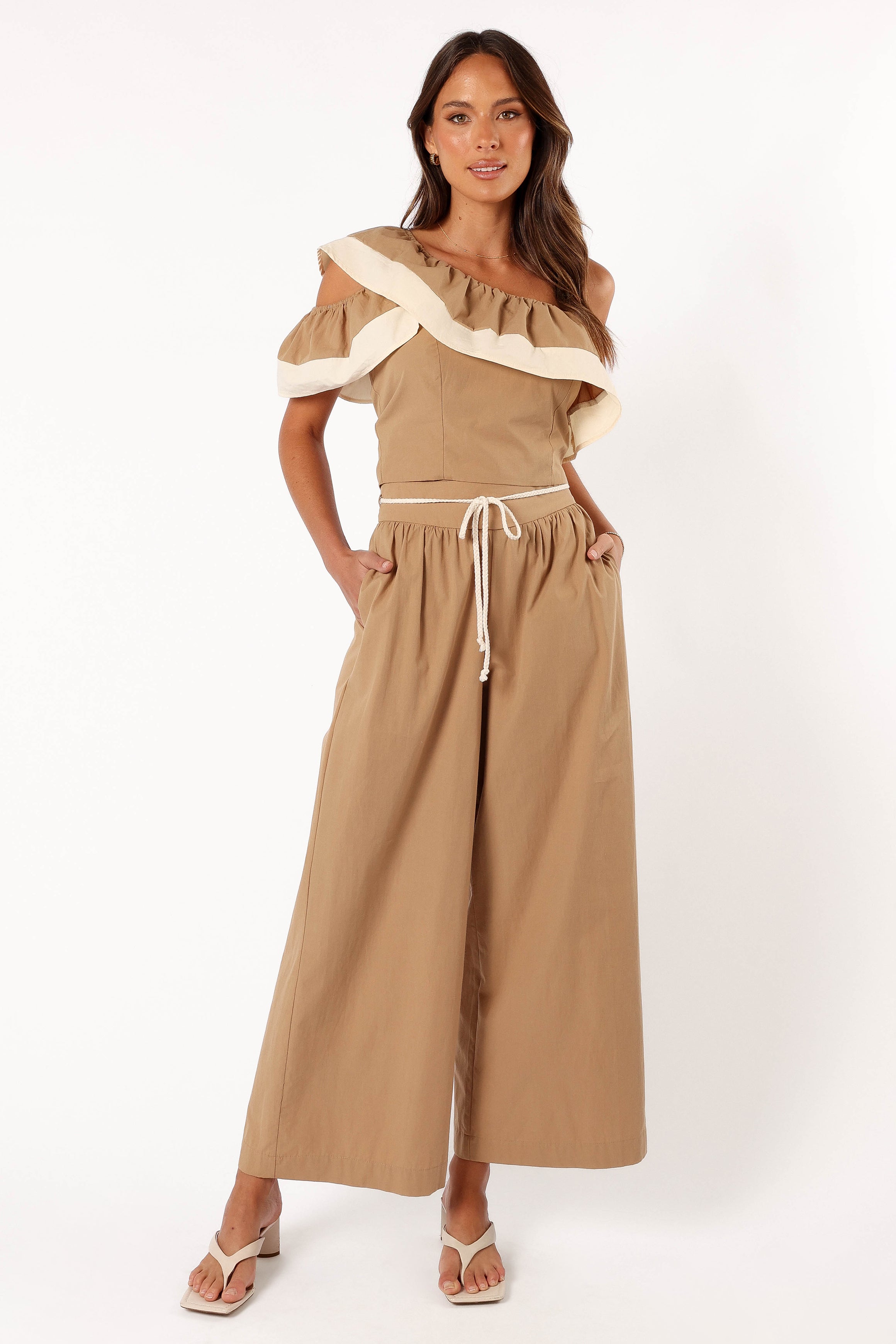 Everly One Shoulder Top - Khaki/Cream-Aur Fashion