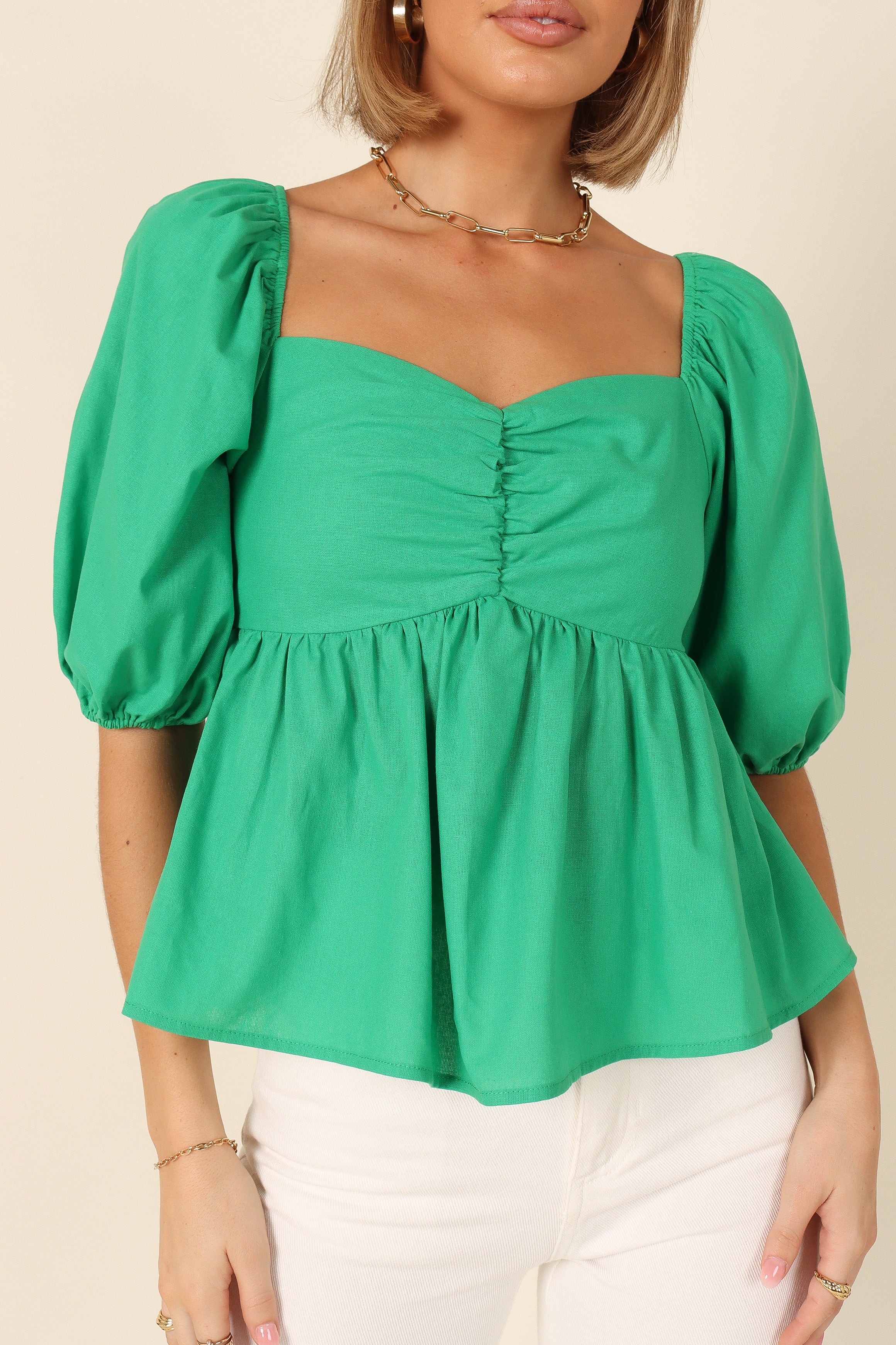 Joanna Puff Sleeve Peplum Top - Green-Aur Fashion