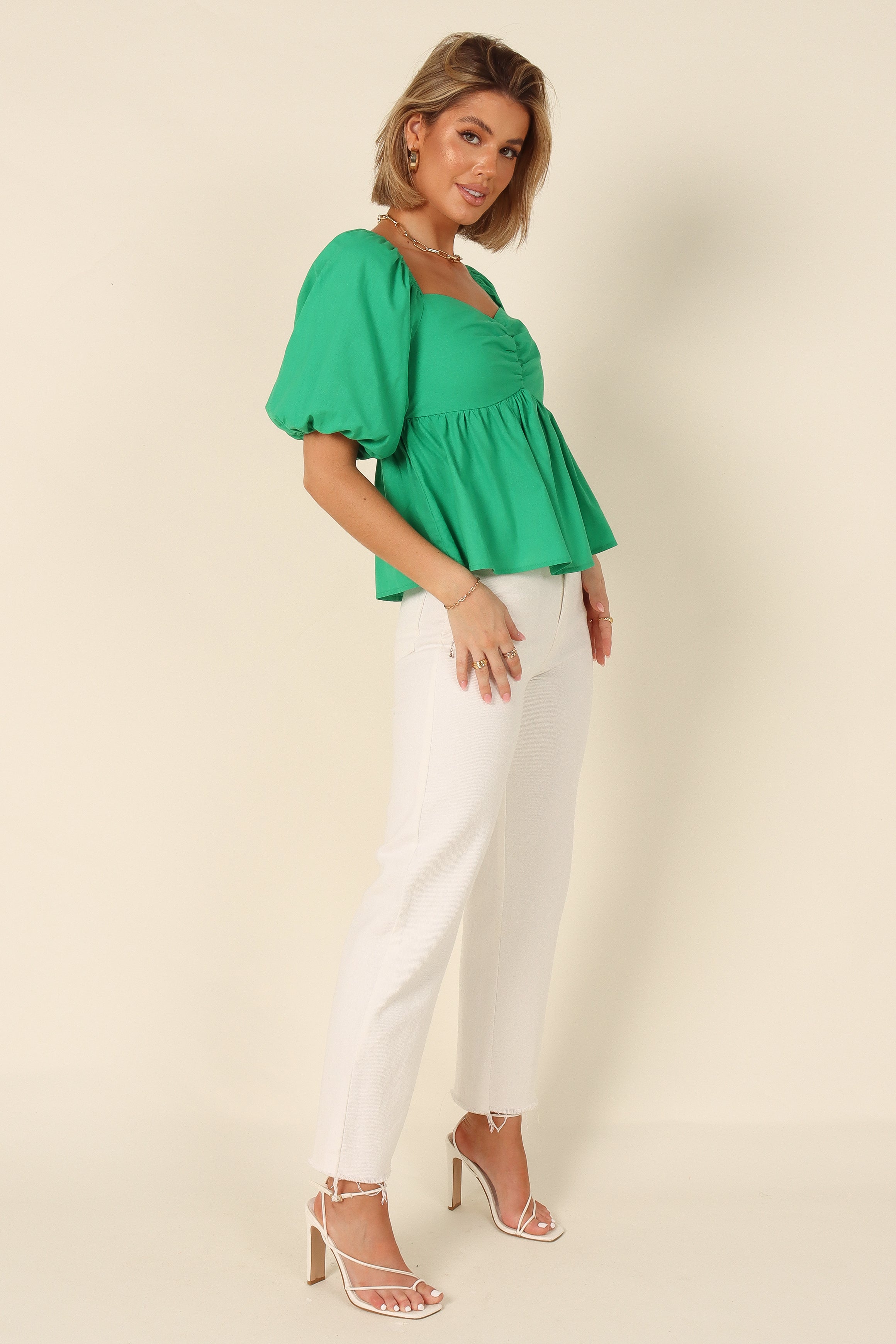 Joanna Puff Sleeve Peplum Top - Green-Aur Fashion
