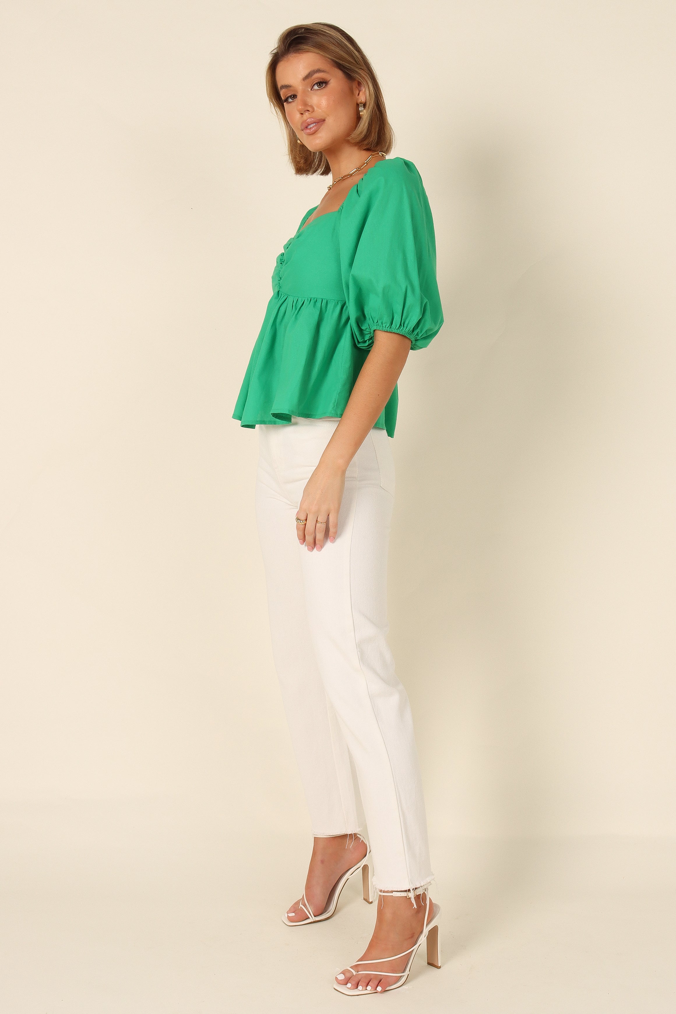 Joanna Puff Sleeve Peplum Top - Green-Aur Fashion