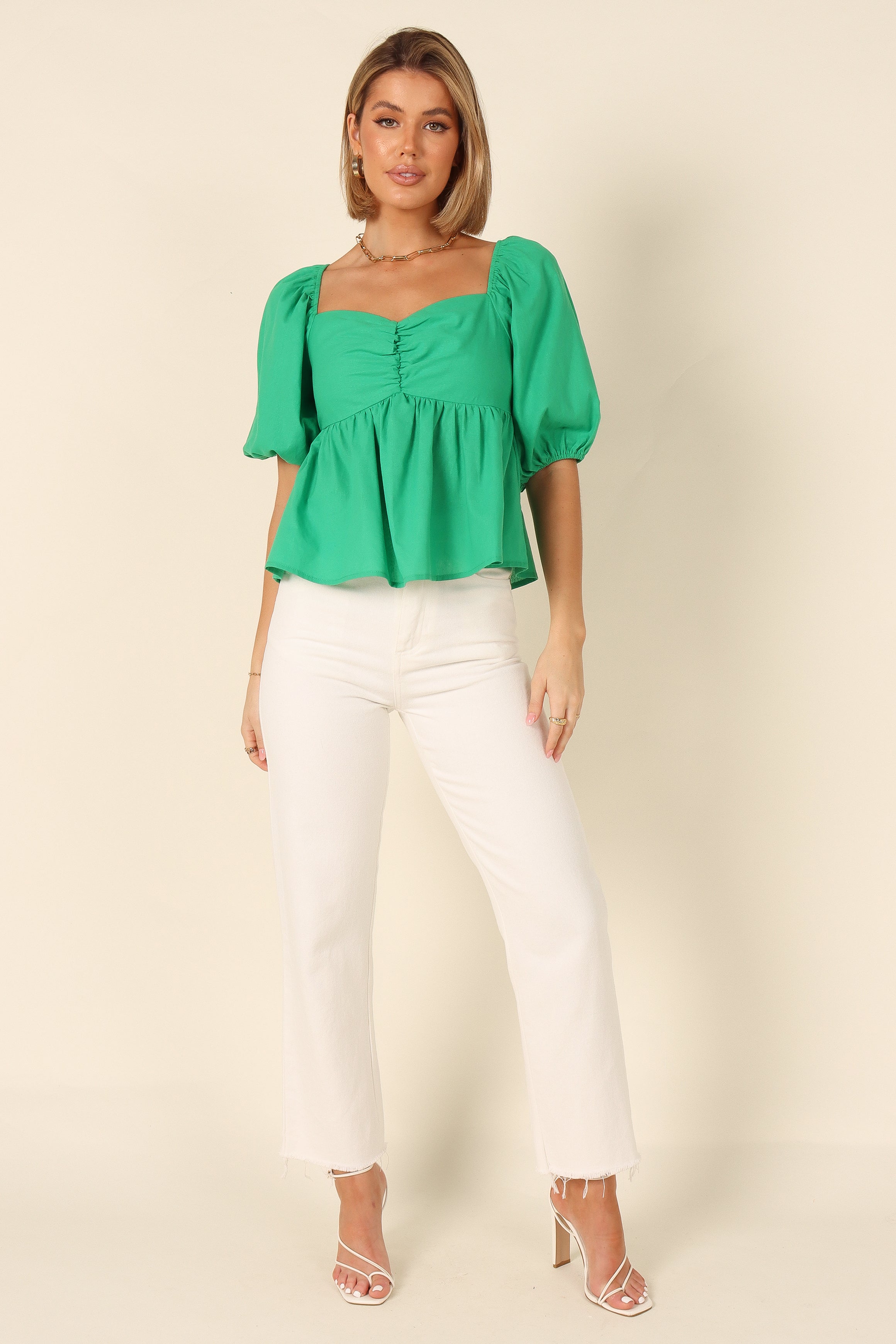 Joanna Puff Sleeve Peplum Top - Green-Aur Fashion