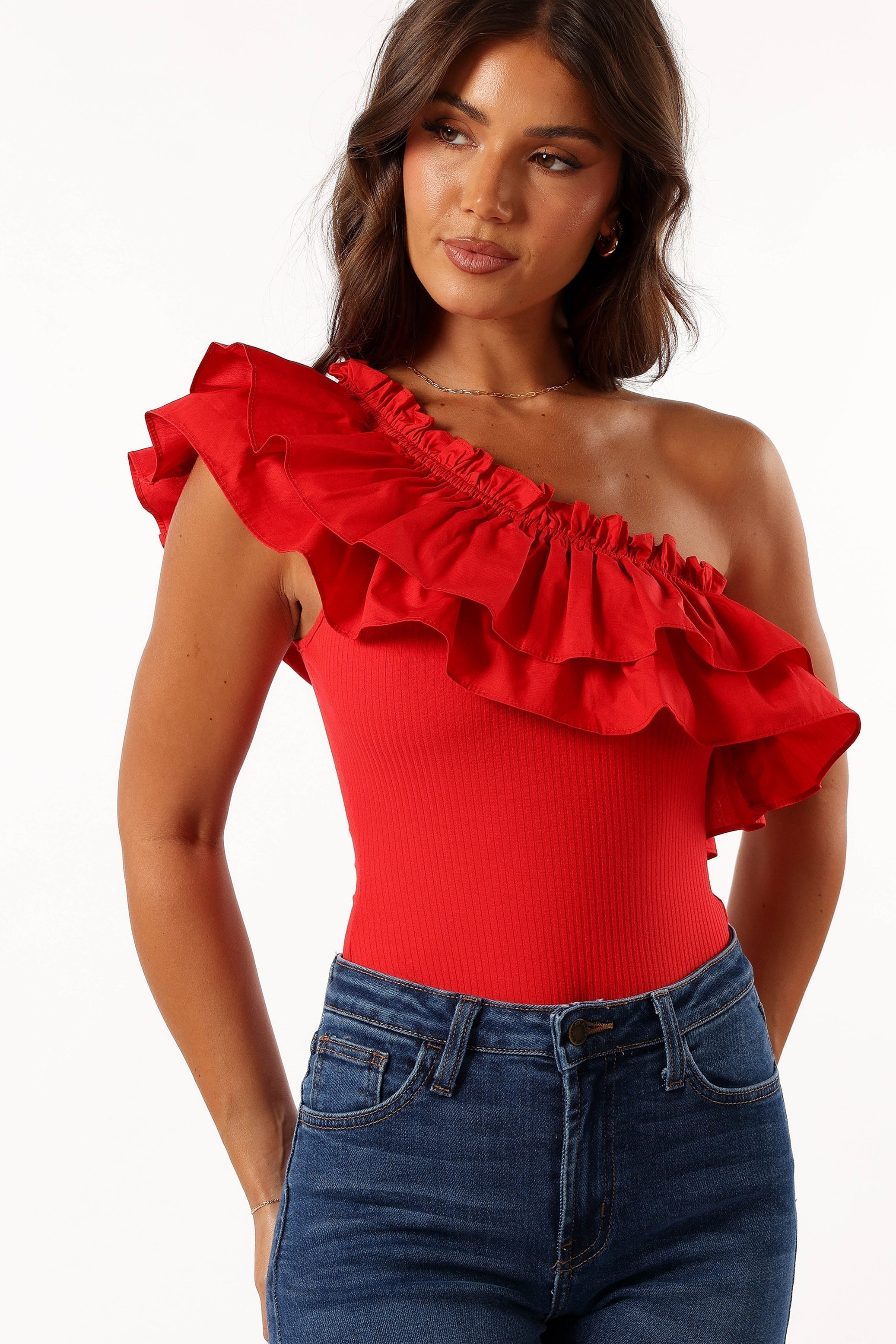 Meena One Shoulder Bodysuit - Red-Aur Fashion