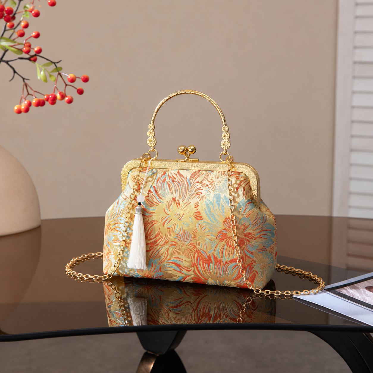 Elegant Chinese Women’s Pearl Handbag, Oriental-Style Party Clutch, Vintage Metal-Clasp Purse with Crossbody Strap