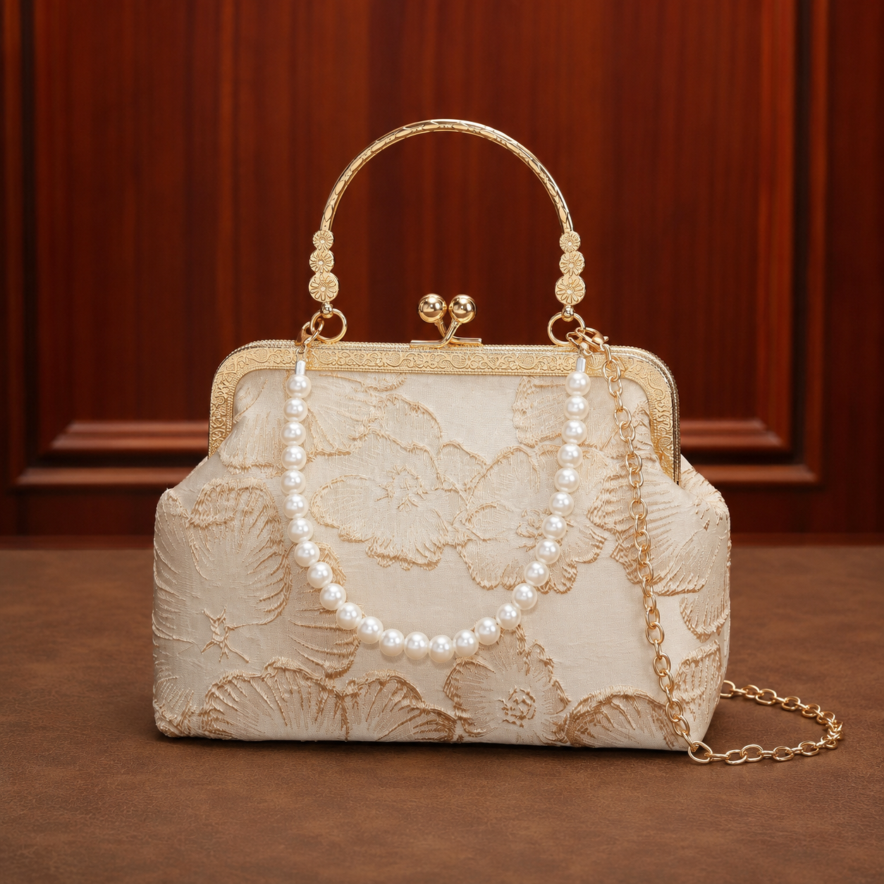Elegant Pearl-Accent Floral Evening Handbag with Gold-Tone Handle and Chain Strap