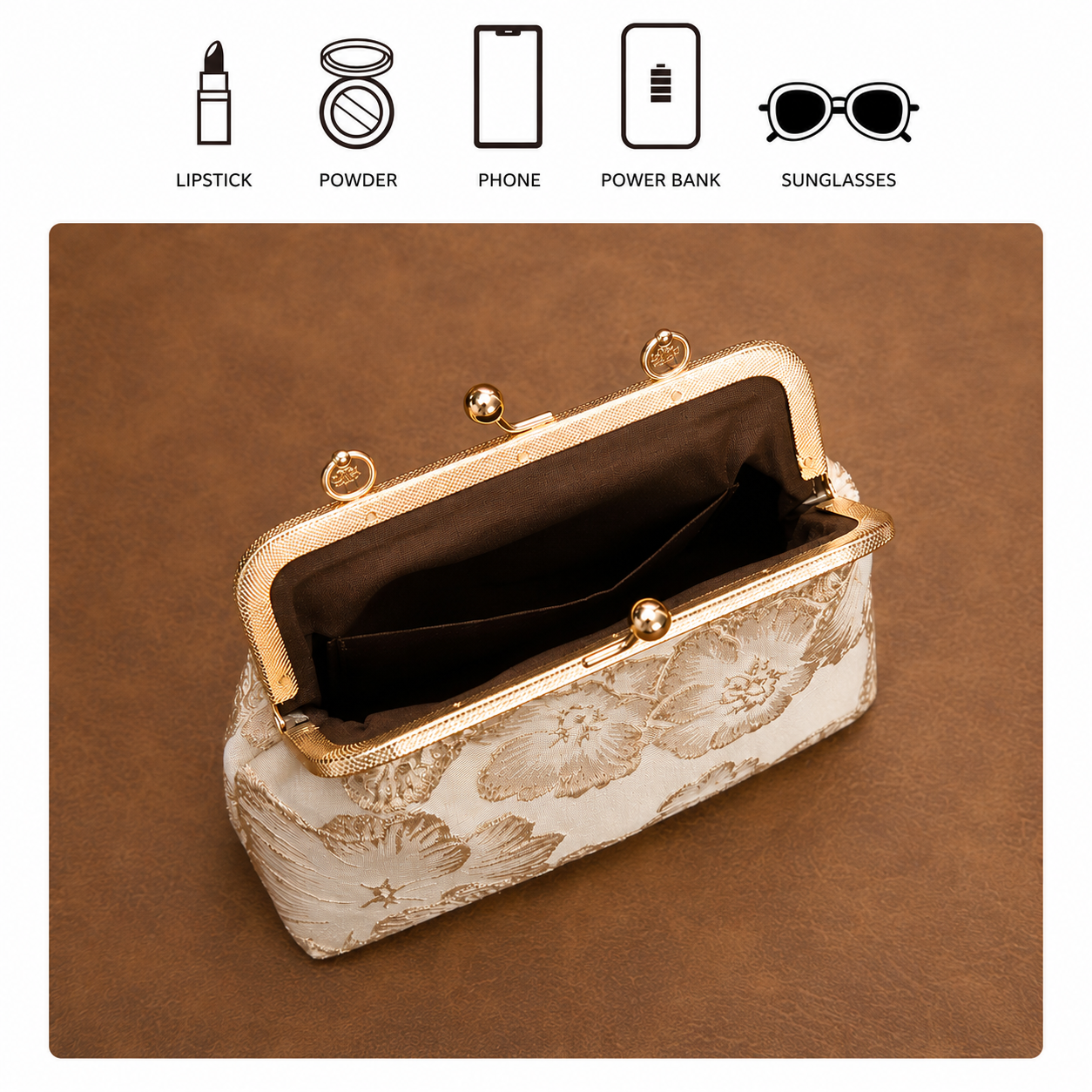Elegant Pearl-Accent Floral Evening Handbag with Gold-Tone Handle and Chain Strap