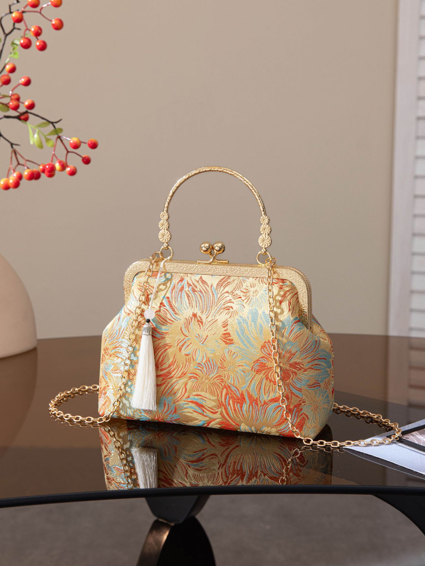 Bolsa Feminina Chinesa Elegante com Pérolas, Clutch de Festa Estilo Oriental, Bolsa de Mão Vintage com Fecho Metálico e Alça Transversal
