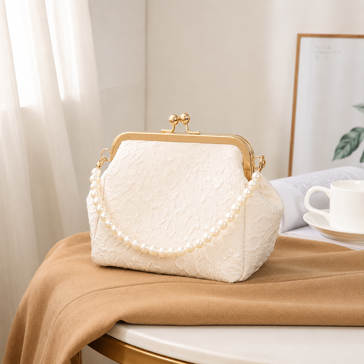 Elegant Ivory Lace Evening Handbag with Pearl Handle and Gold-Tone Clasp