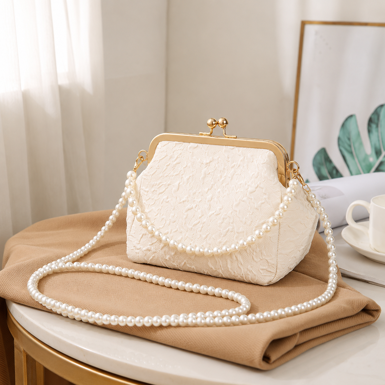 Elegant Ivory Lace Evening Handbag with Pearl Handle and Gold-Tone Clasp