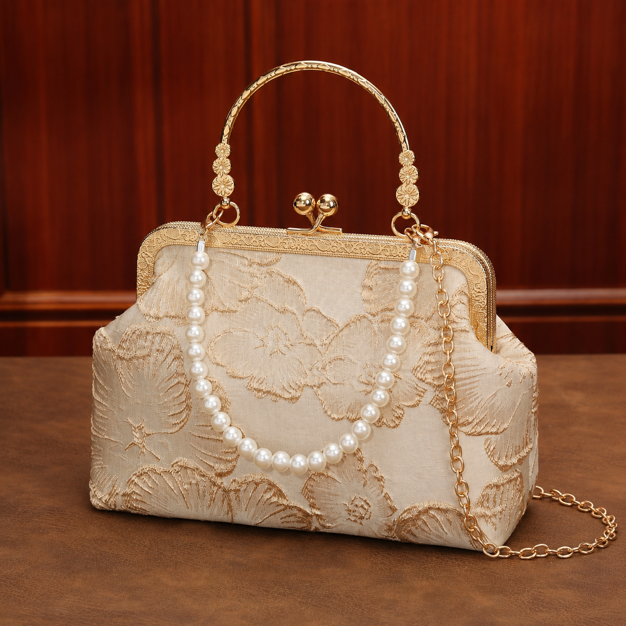 Elegant Pearl-Accent Floral Evening Handbag with Gold-Tone Handle and Chain Strap
