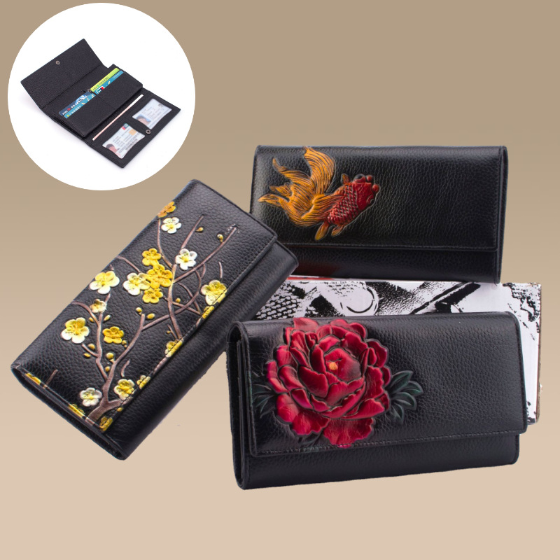 Novinka - Dlhá peňaženka v etnickom štýle z hovädzej kože