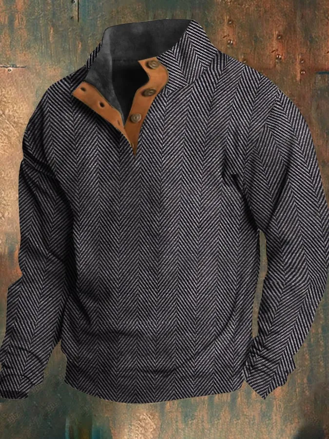 Herren-Sweatshirt im Western-Vintage-Stil mit Fischgrätenmuster und Stehkragen