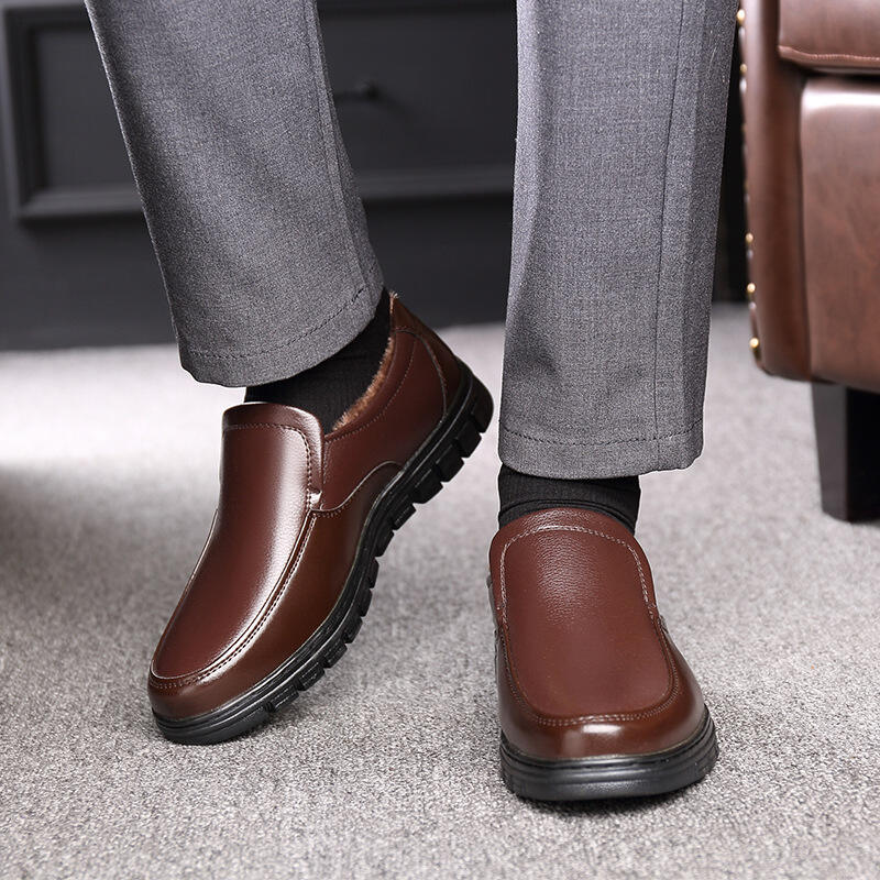 Herren-Slipper aus echtem Leder, warm, für den Winter, Plüsch, weiche Innensohle, lässige Business-Schuhe