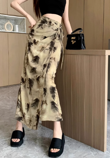 Marble Print Drawstring Slit Midi Skirt