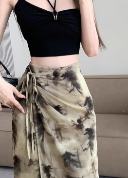 Marble Print Drawstring Slit Midi Skirt