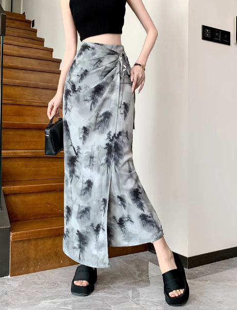 Marble Print Drawstring Slit Midi Skirt