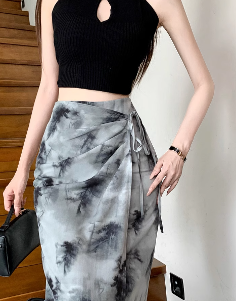 Marble Print Drawstring Slit Midi Skirt